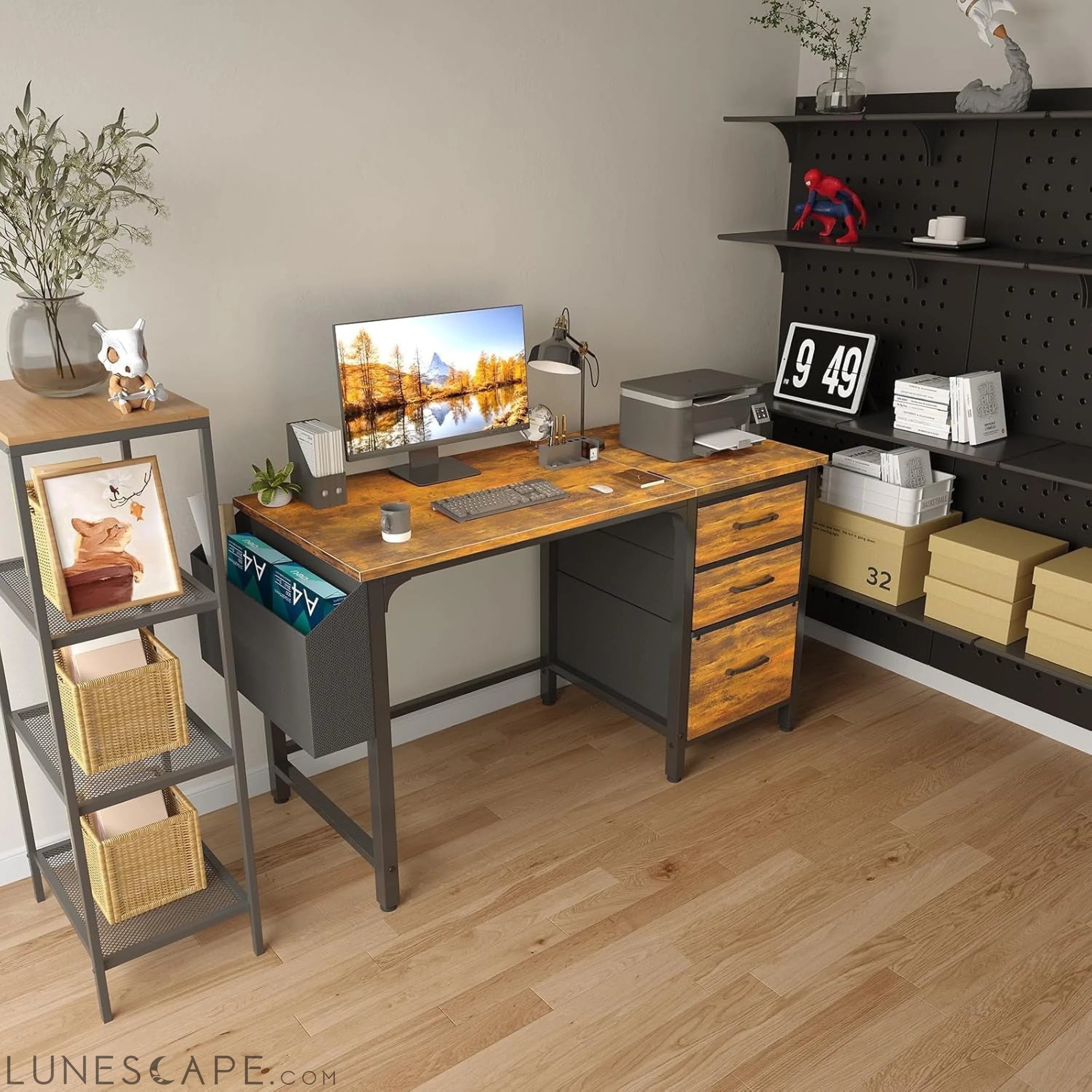 Computer Desk with Fabric File Drawers Cabinet, 47 Inch Home Office LUNESCAPE