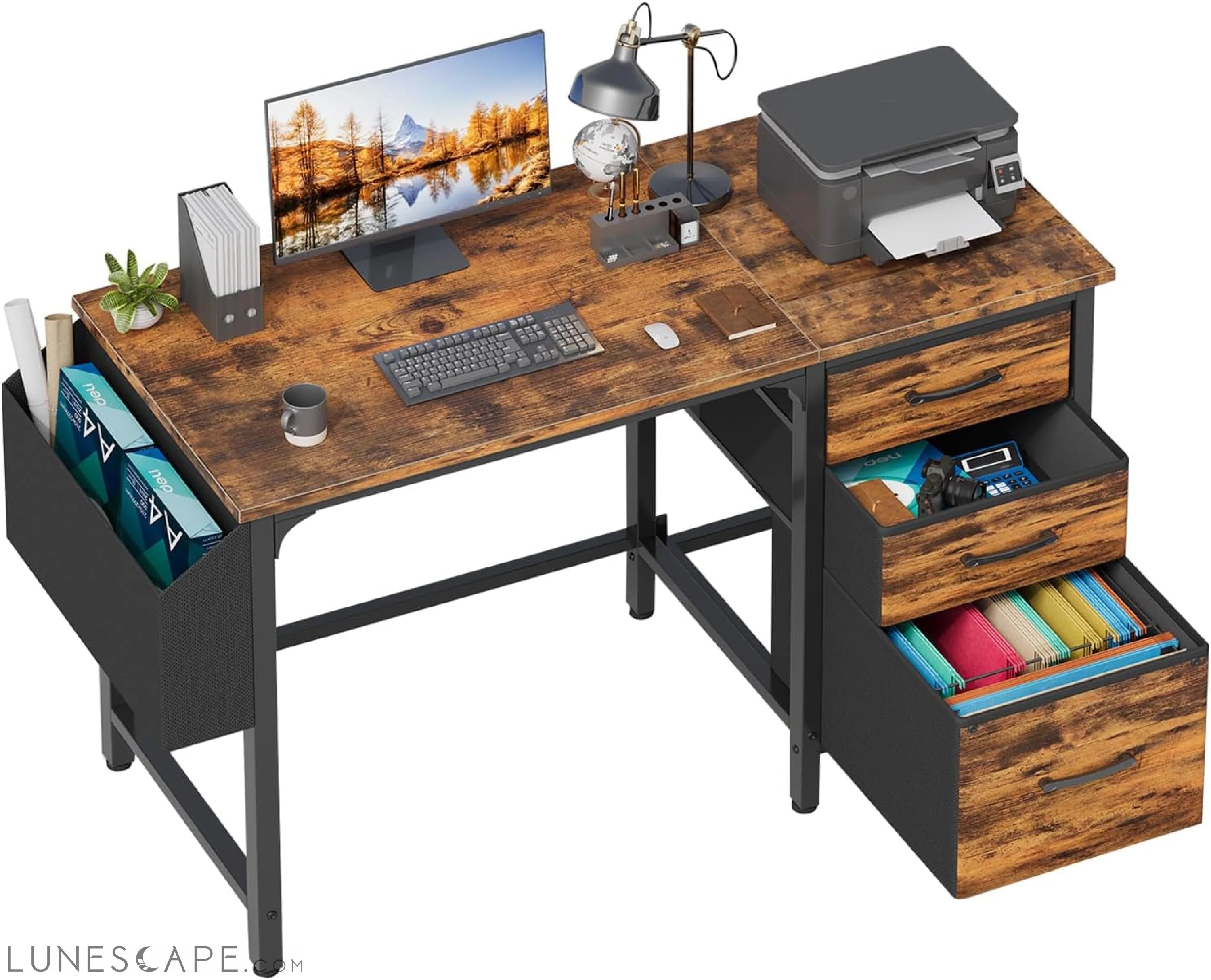 Computer Desk with Fabric File Drawers Cabinet, 47 Inch Home Office LUNESCAPE