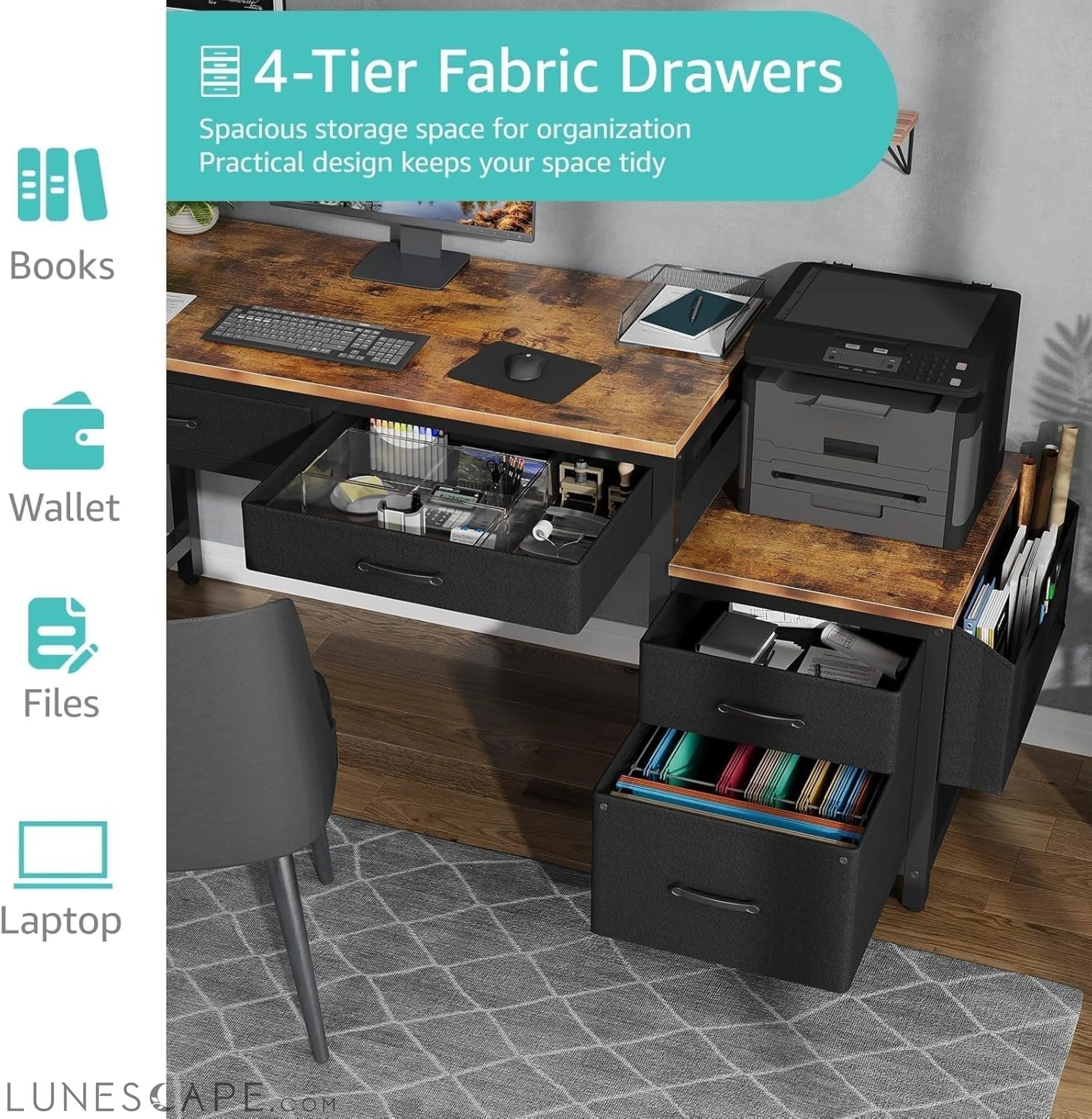 Computer Desk with Fabric File Drawers Cabinet, 57 Inch Home Office LUNESCAPE