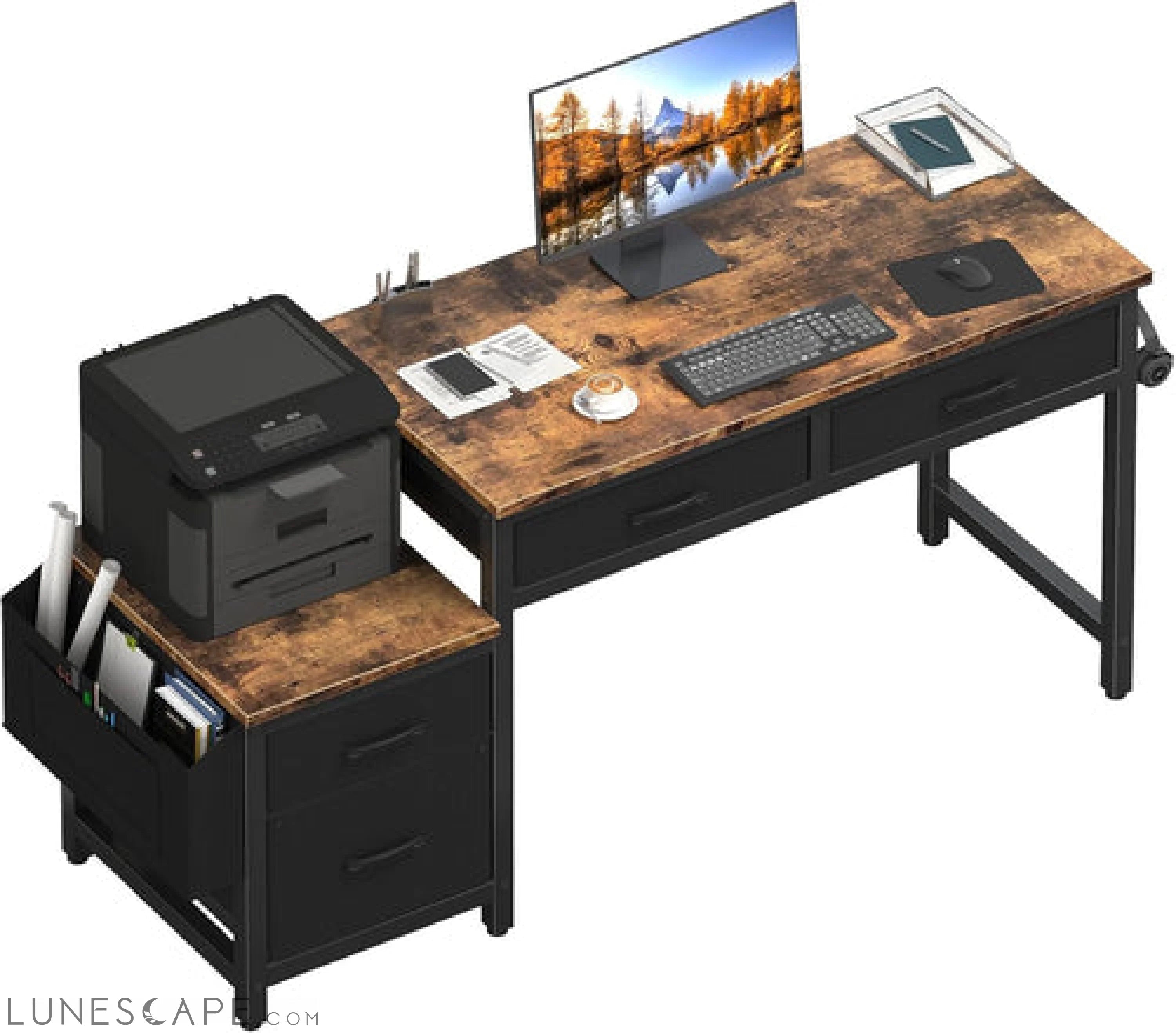 Computer Desk with Fabric File Drawers Cabinet, 57 Inch Home Office LUNESCAPE