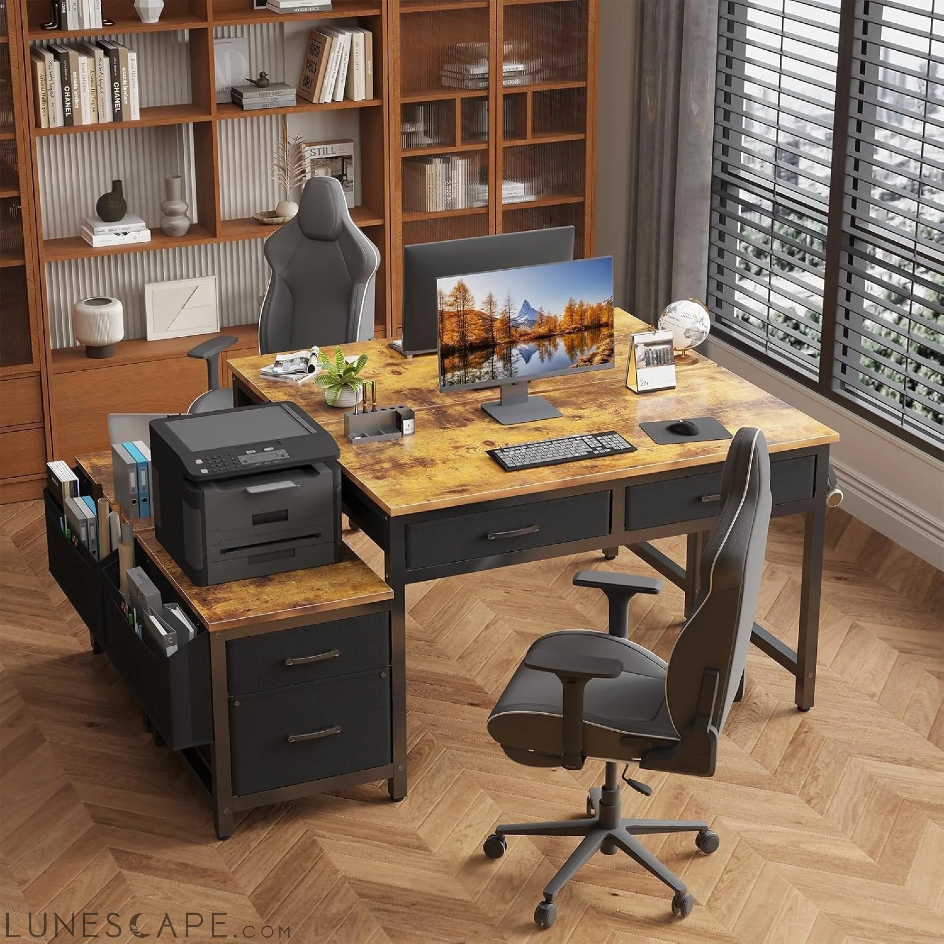 Computer Desk with Fabric File Drawers Cabinet, 57 Inch Home Office LUNESCAPE