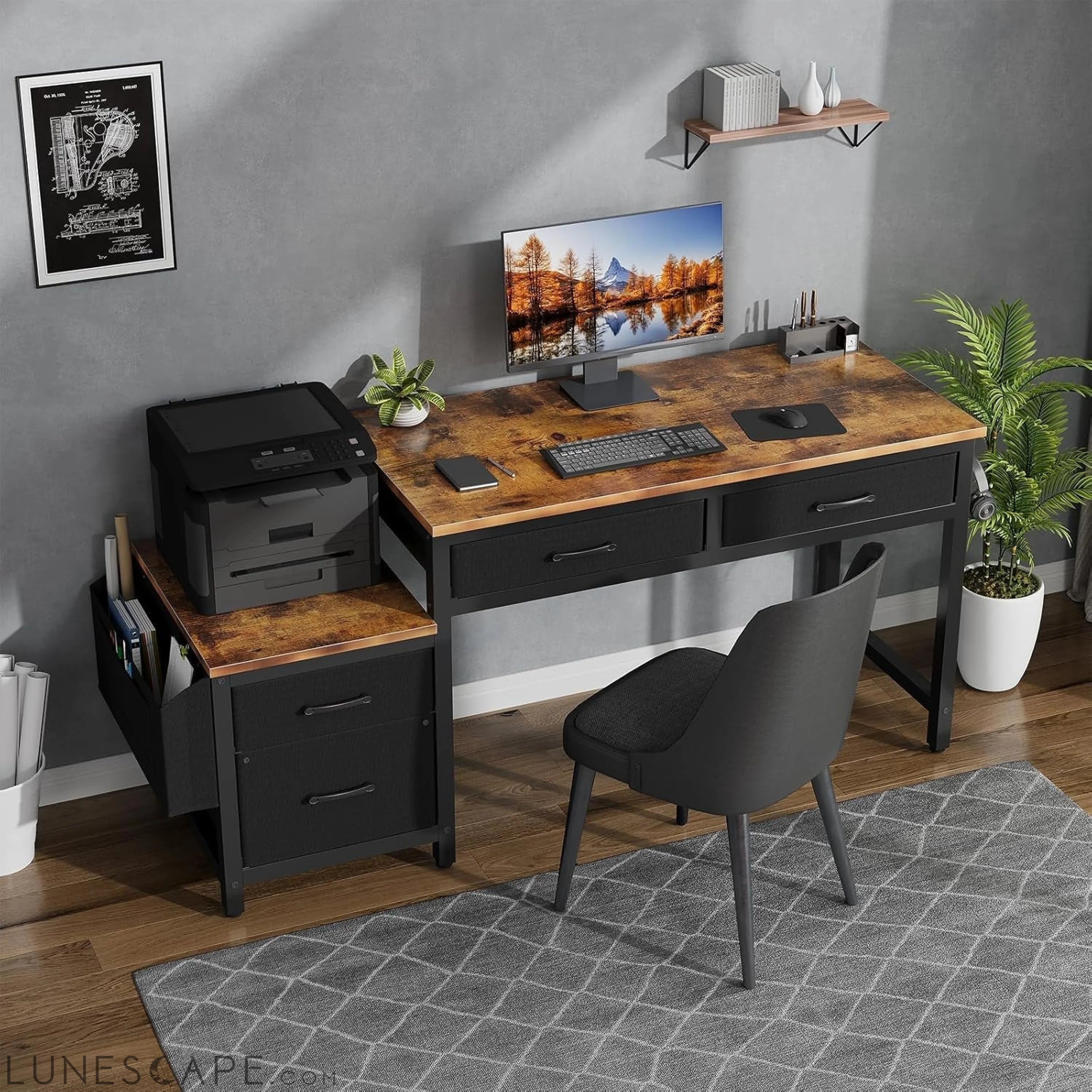 Computer Desk with Fabric File Drawers Cabinet, 57 Inch Home Office LUNESCAPE