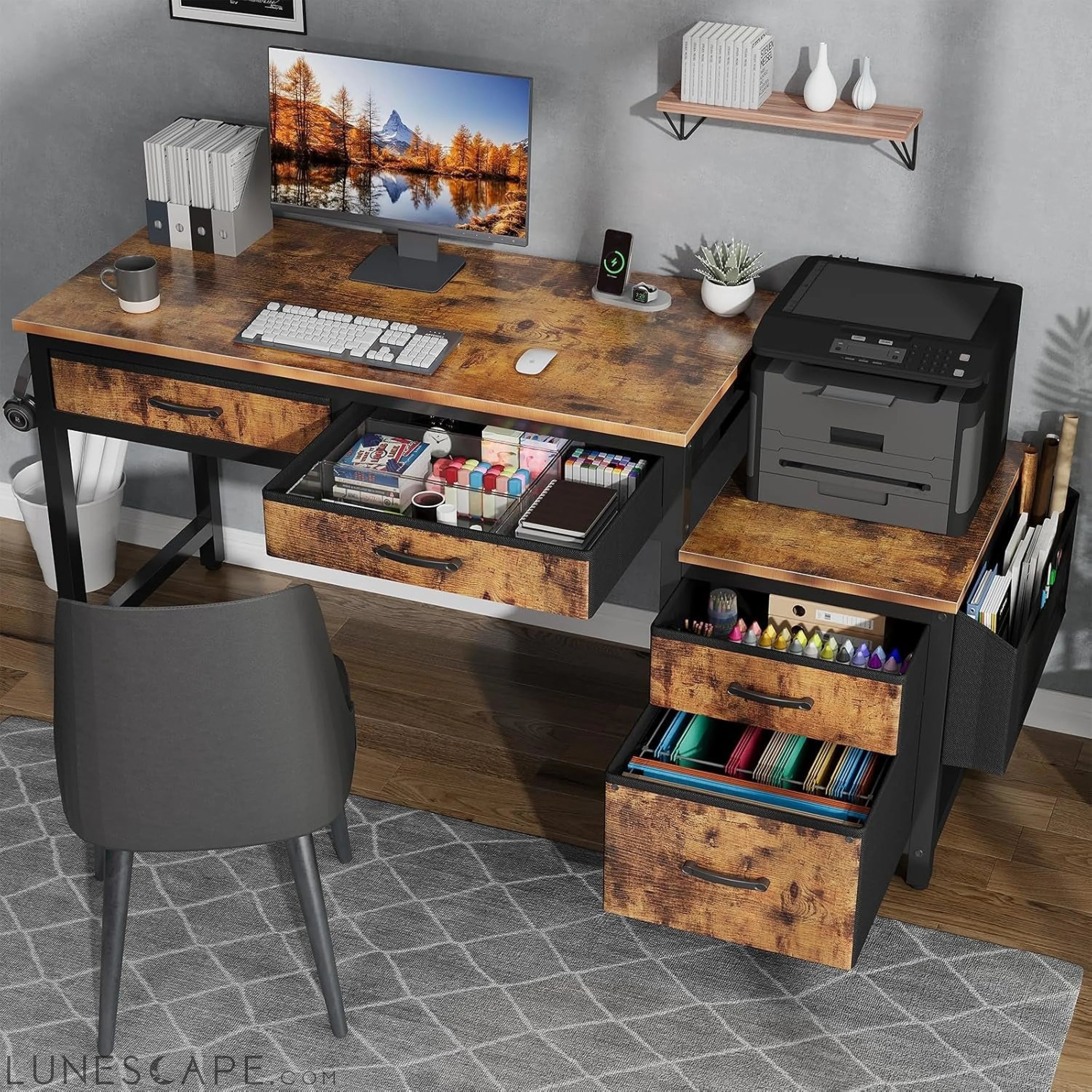 Computer Desk with Fabric File Drawers Cabinet, 57 Inch Home Office LUNESCAPE