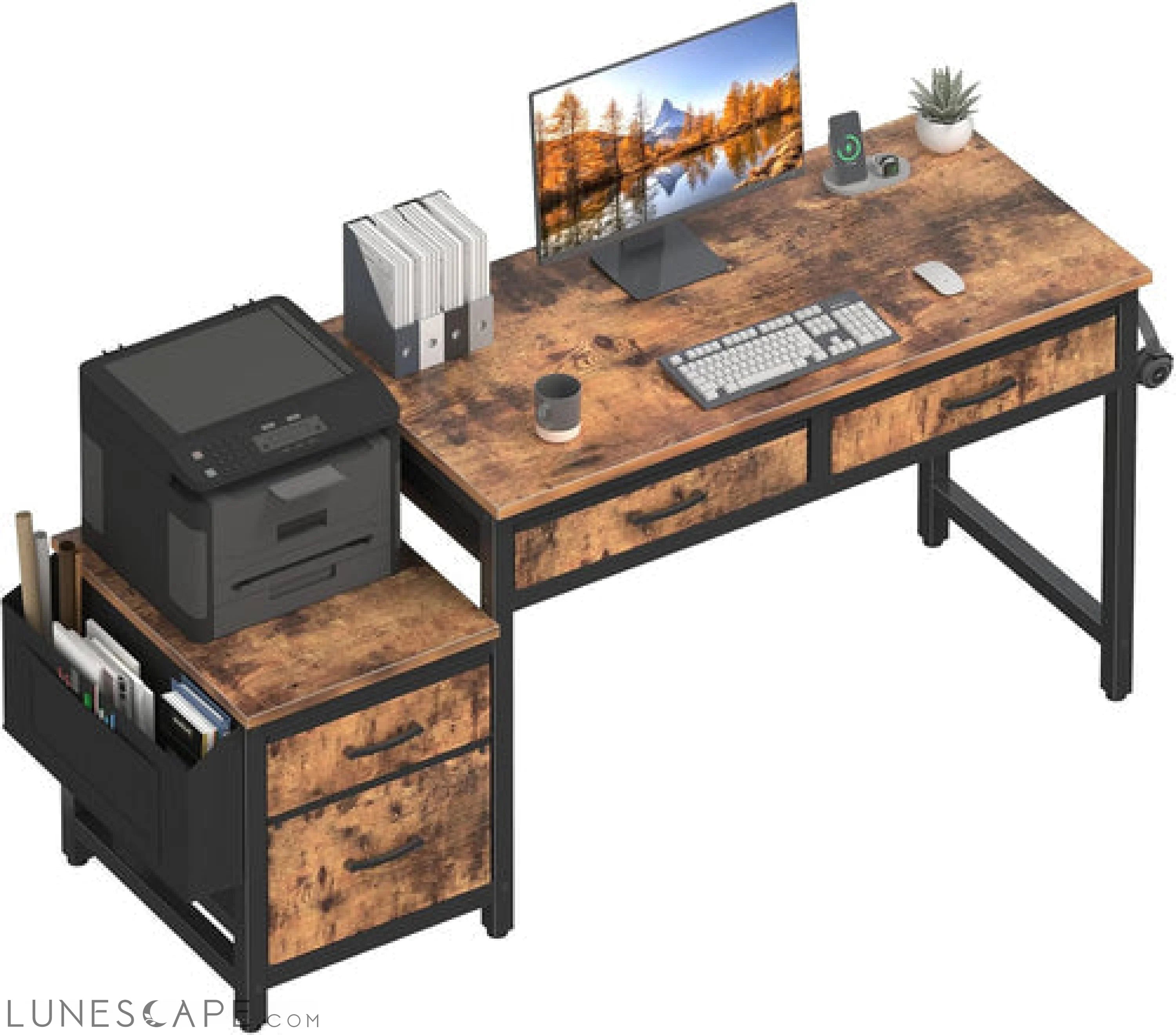 Computer Desk with Fabric File Drawers Cabinet, 57 Inch Home Office LUNESCAPE