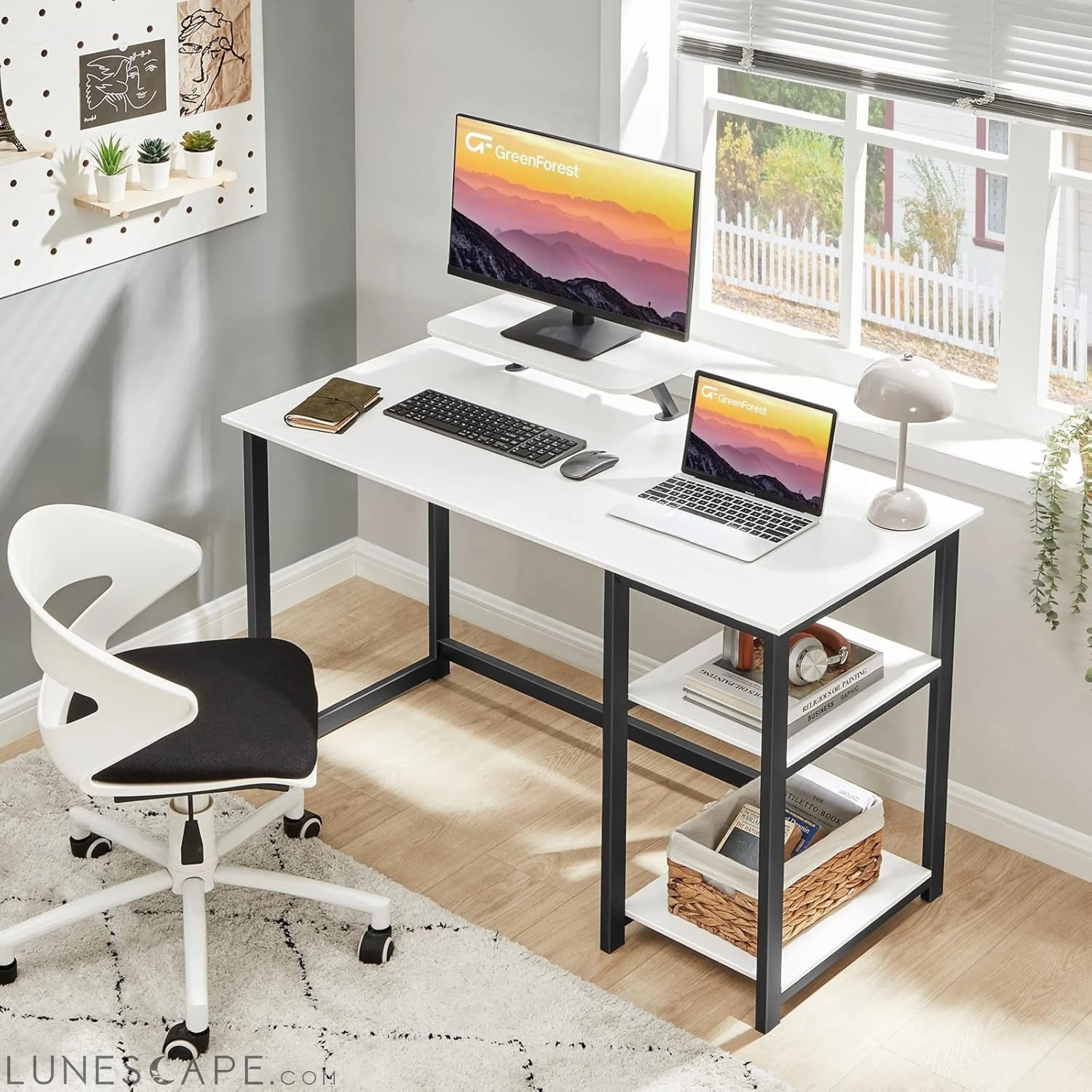 Computer Desk with Monitor Stand and Reversible Storage Shelves,39 LUNESCAPE