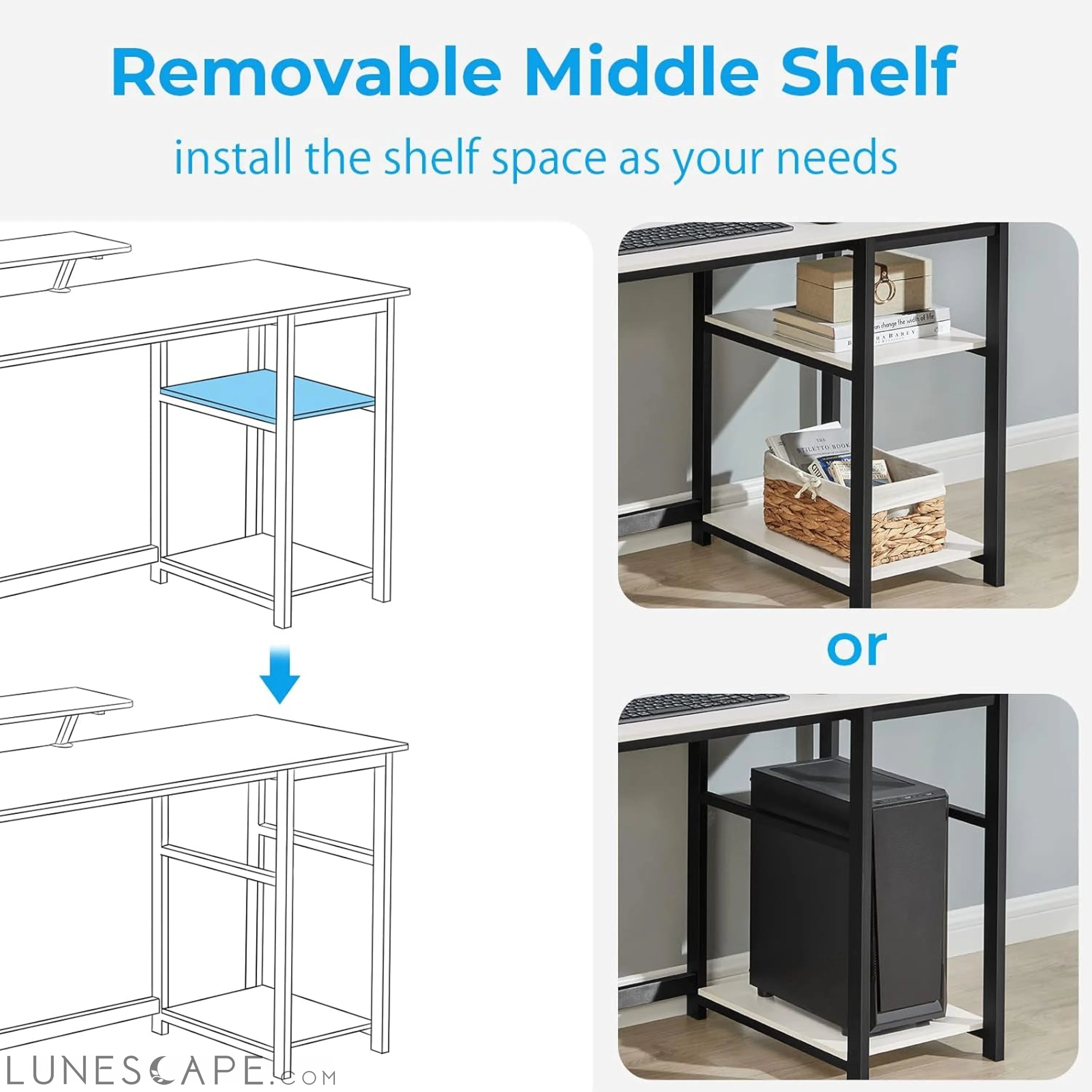 Computer Desk with Monitor Stand and Reversible Storage Shelves,39 LUNESCAPE