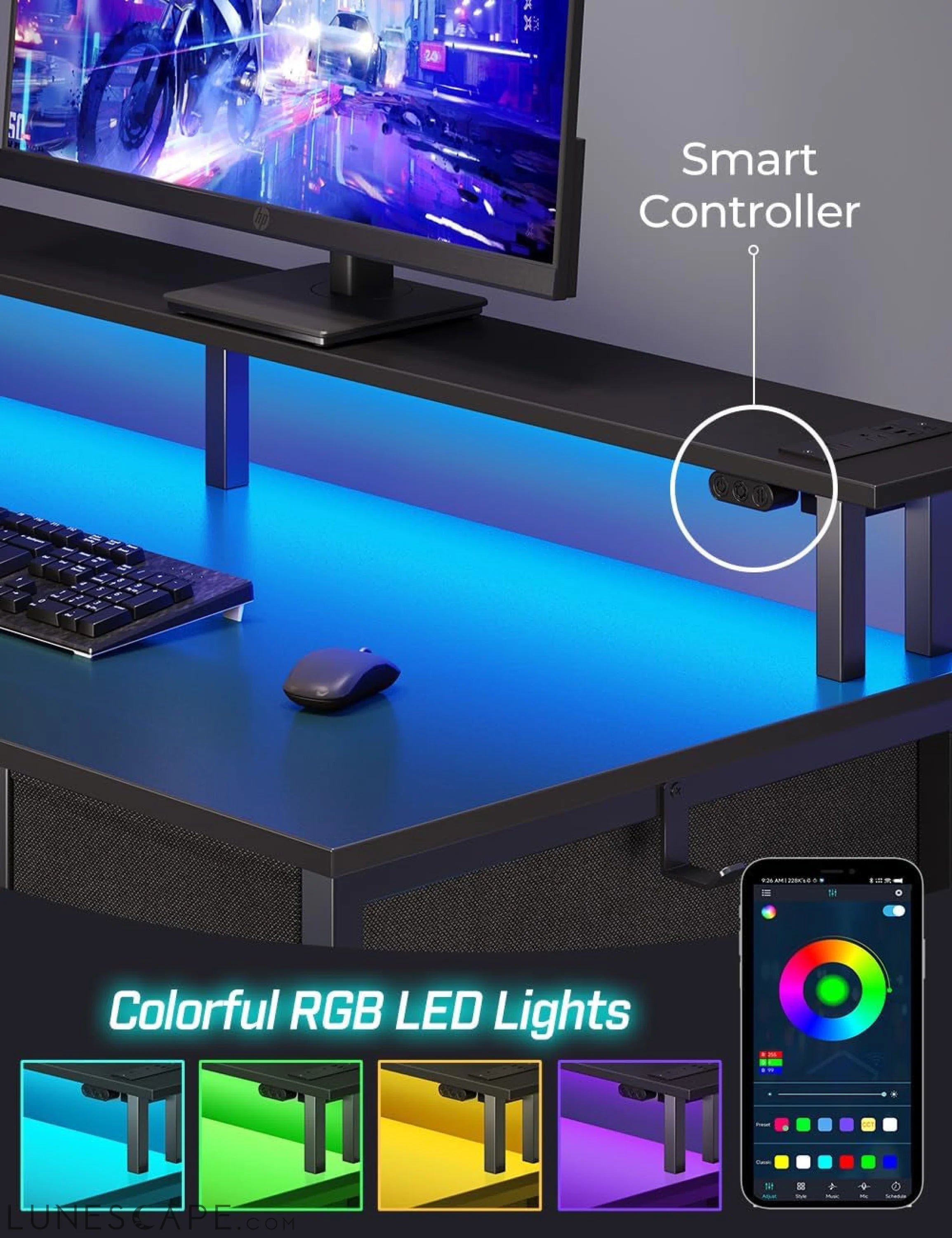 Computer Desk with Power Outlets & LED Light, 39 Inch Home Office Desk LUNESCAPE