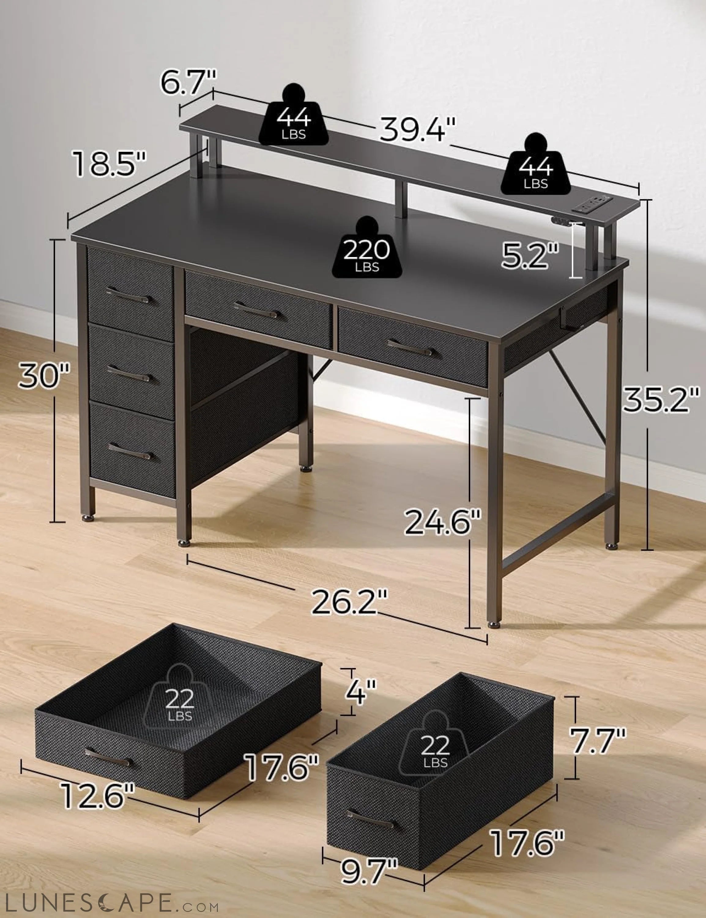 Computer Desk with Power Outlets & LED Light, 39 Inch Home Office Desk LUNESCAPE