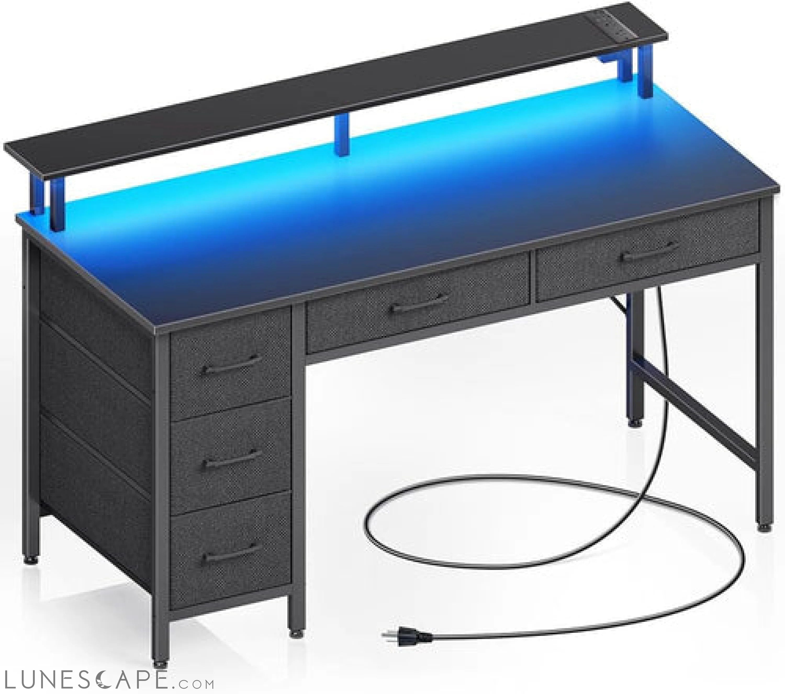 Computer Desk with Power Outlets & LED Light, 39 Inch Home Office Desk LUNESCAPE