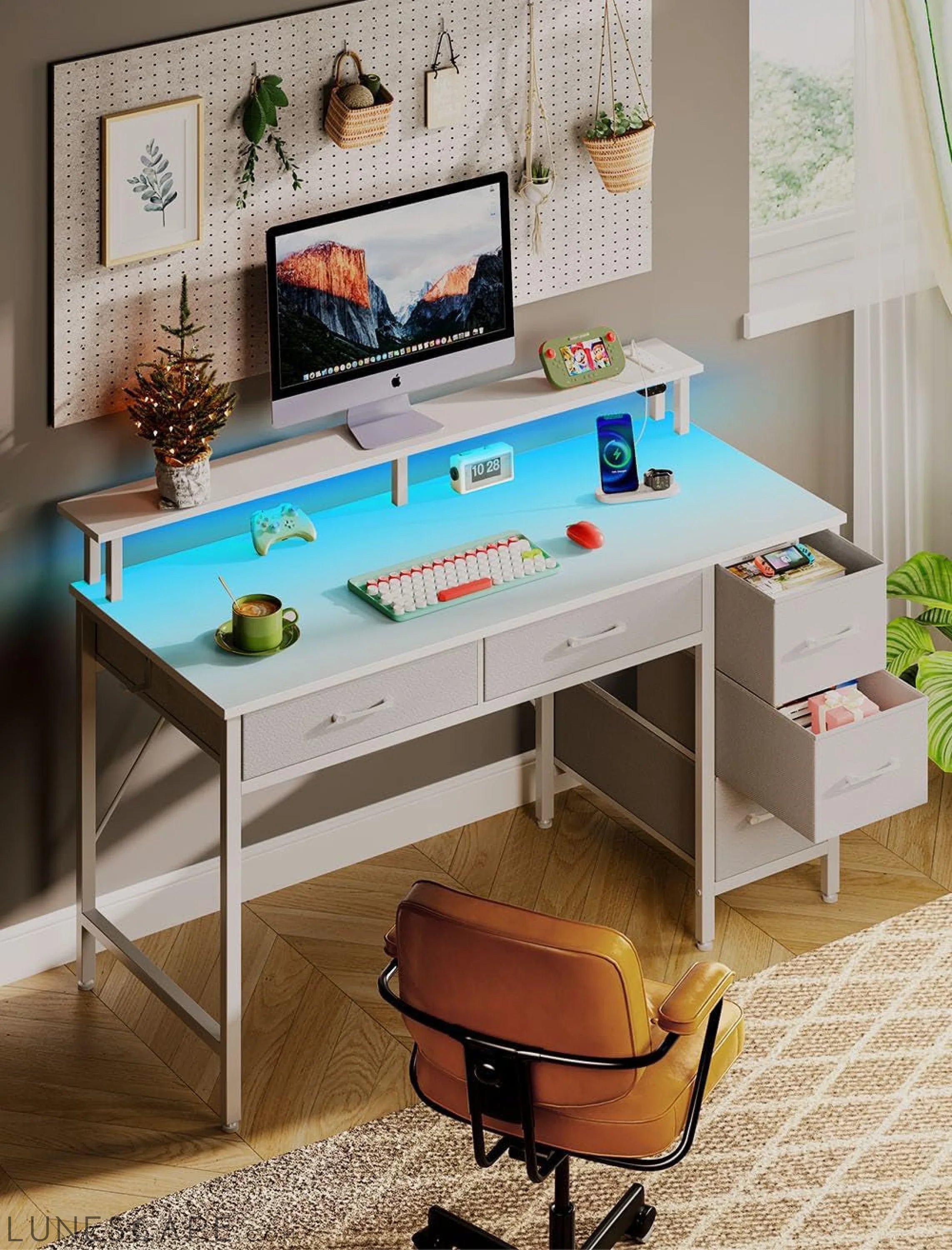 Computer Desk with Power Outlets & LED Light, 39 Inch Home Office Desk LUNESCAPE