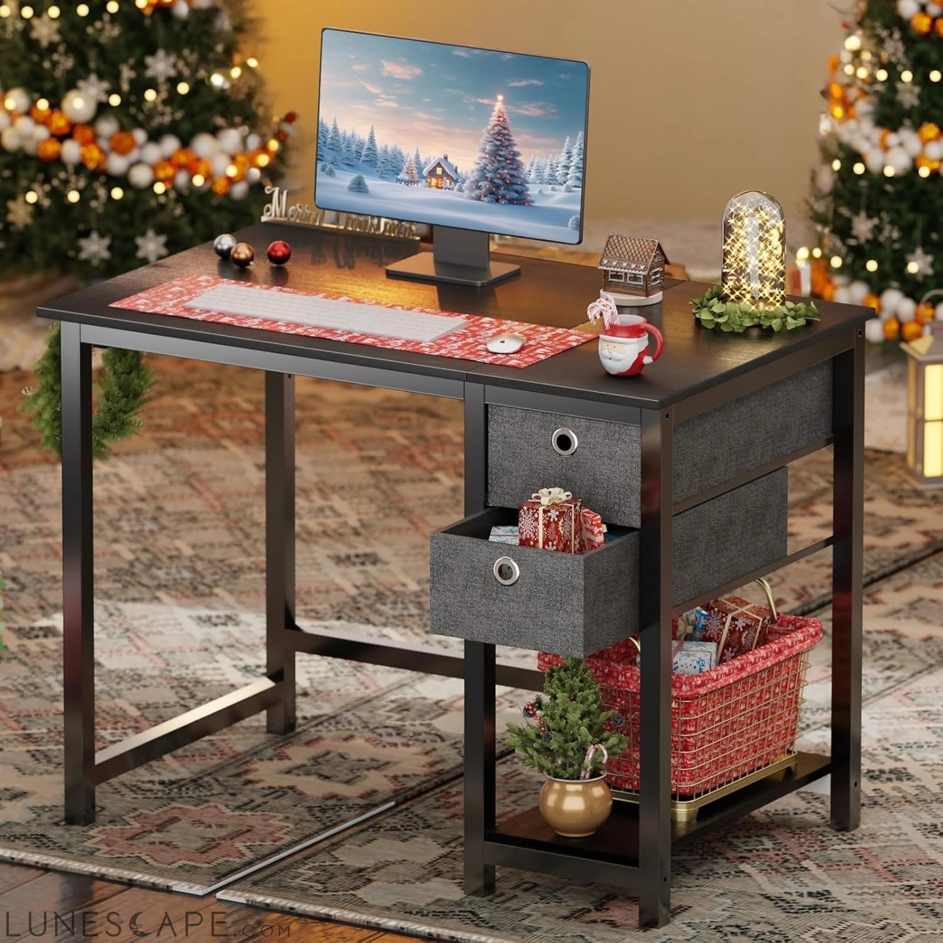 Computer Desk with Storage Drawers, Small Office Desk Modern Simple LUNESCAPE