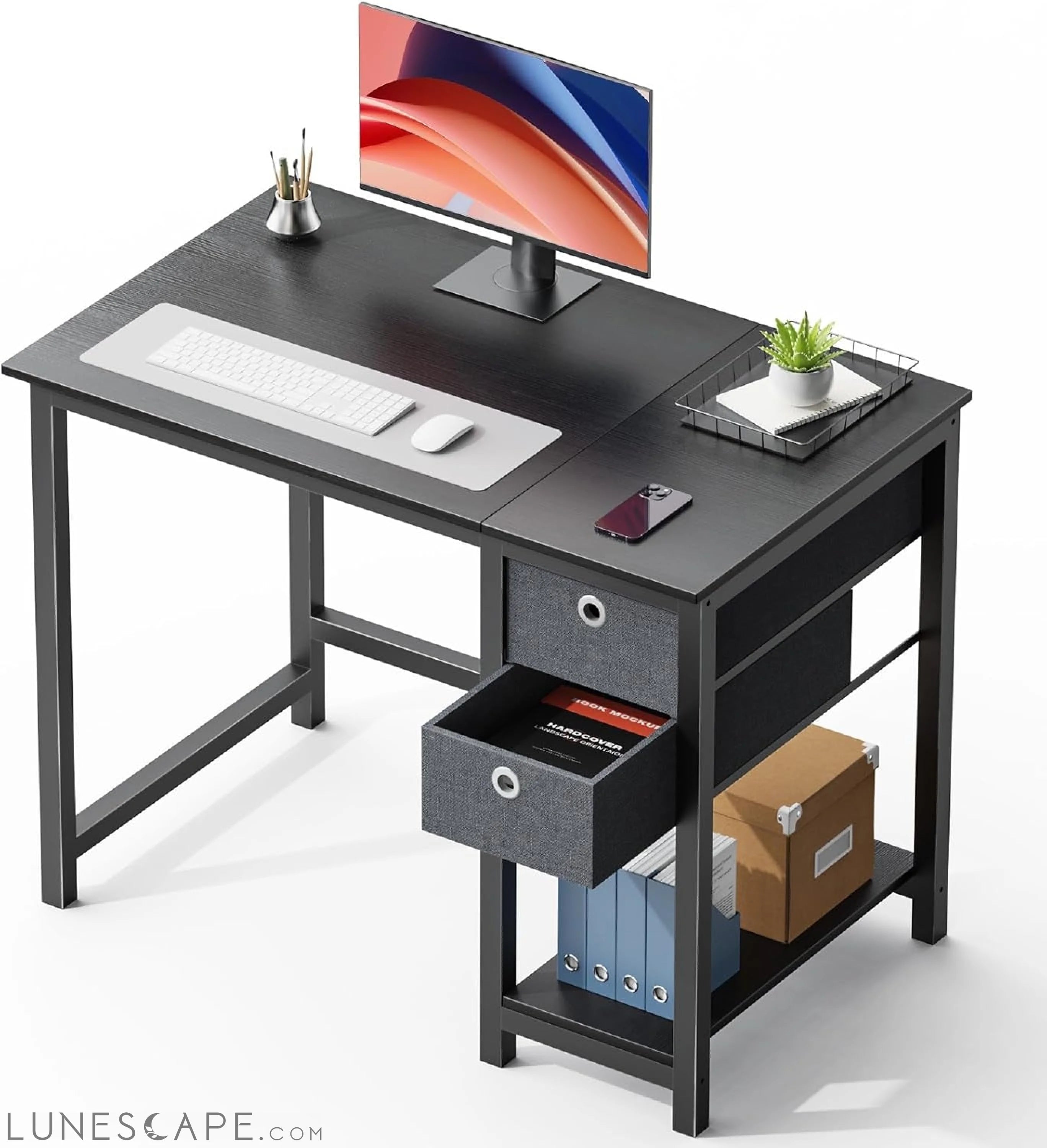 Computer Desk with Storage Drawers, Small Office Desk Modern Simple LUNESCAPE