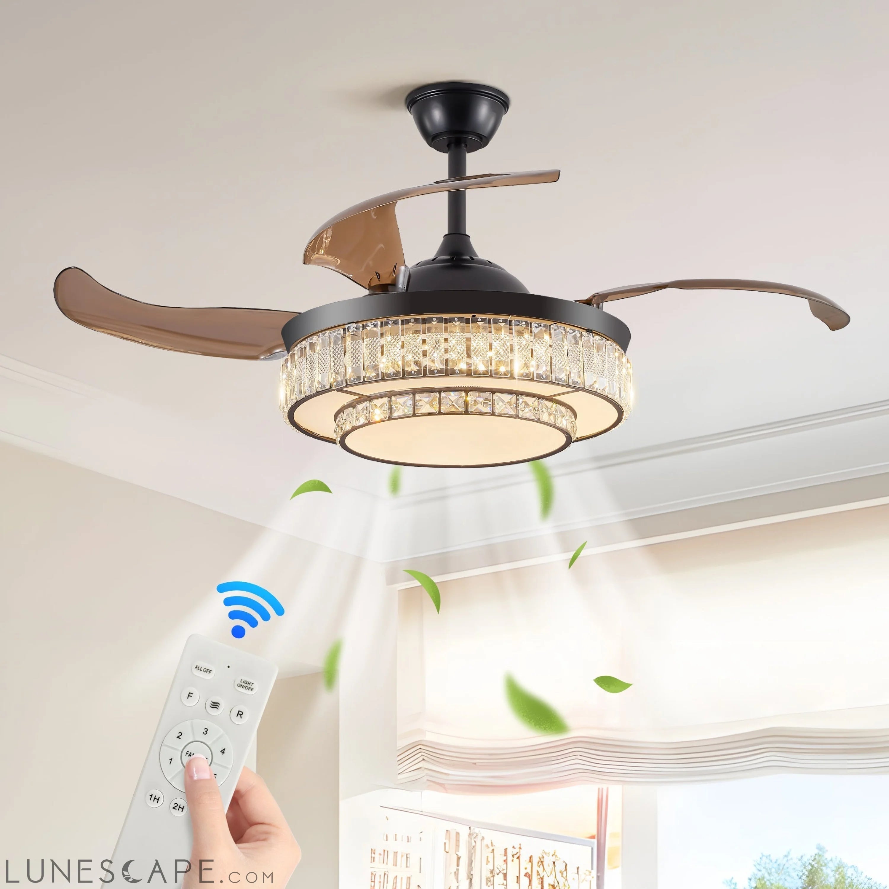Contemporary LED Retractable Ceiling Fan with Light and Remote LUNESCAPE