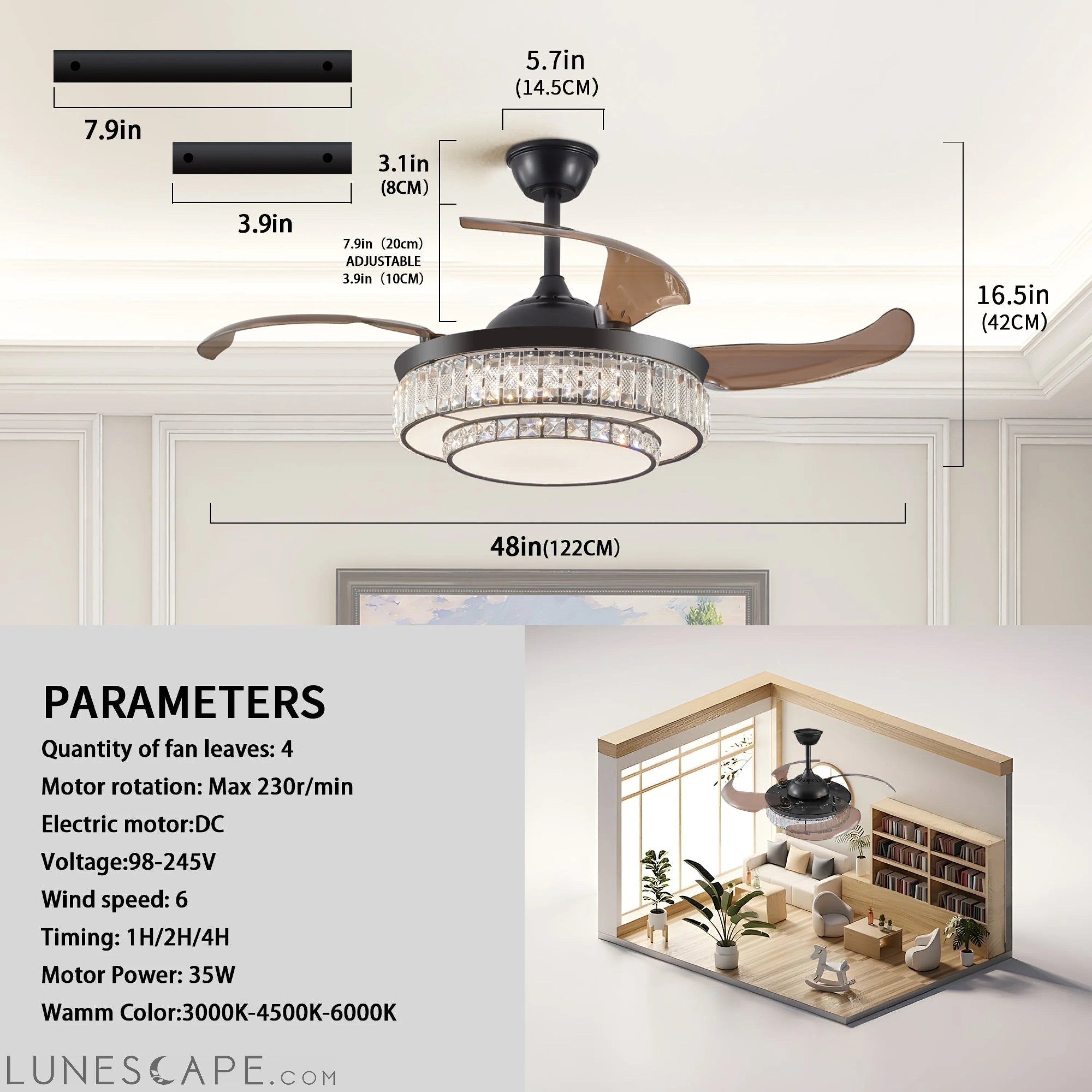 Contemporary LED Retractable Ceiling Fan with Light and Remote LUNESCAPE