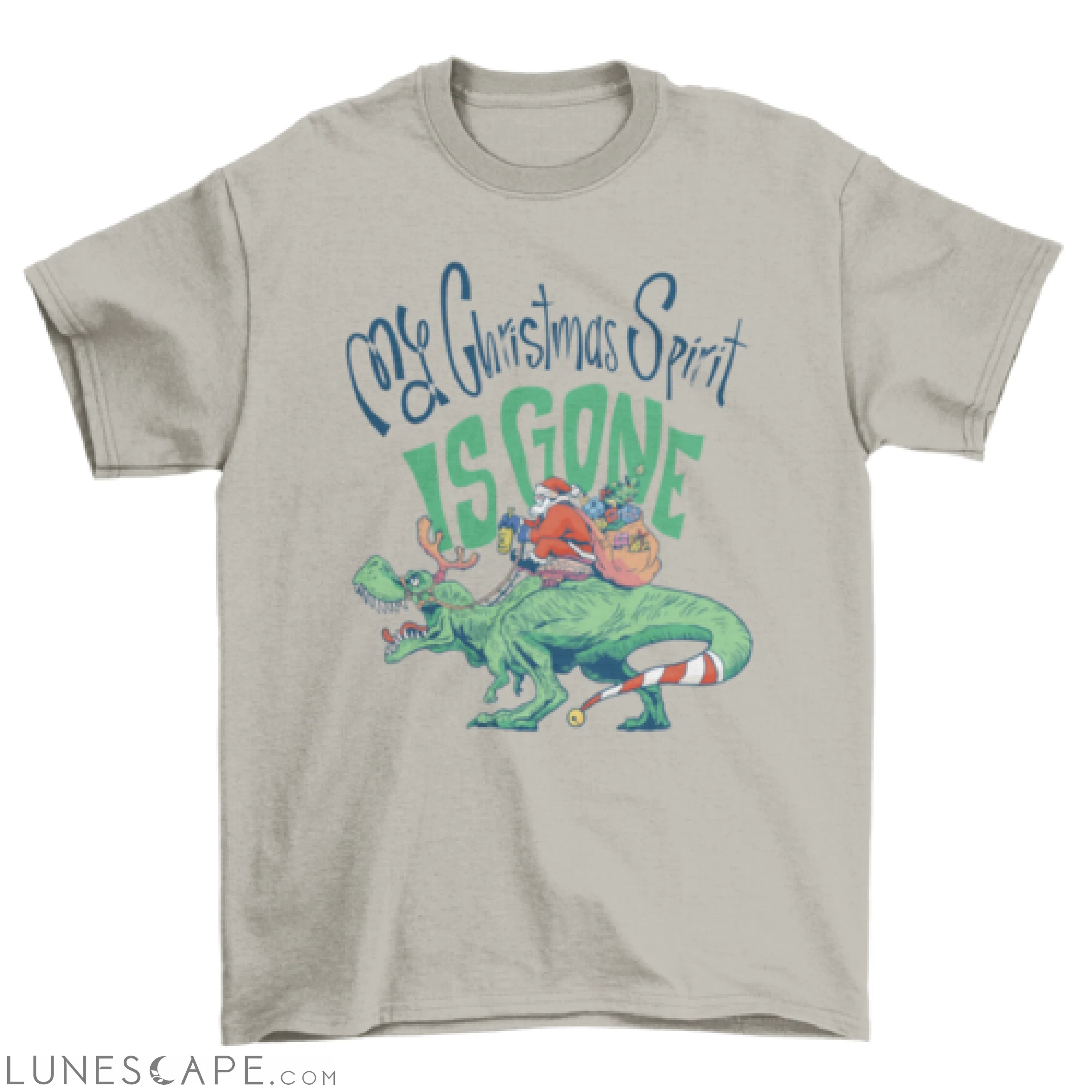 Cool Anti-holiday Anti-Christmas Santa Claus riding t-rex quote "My LUNESCAPE