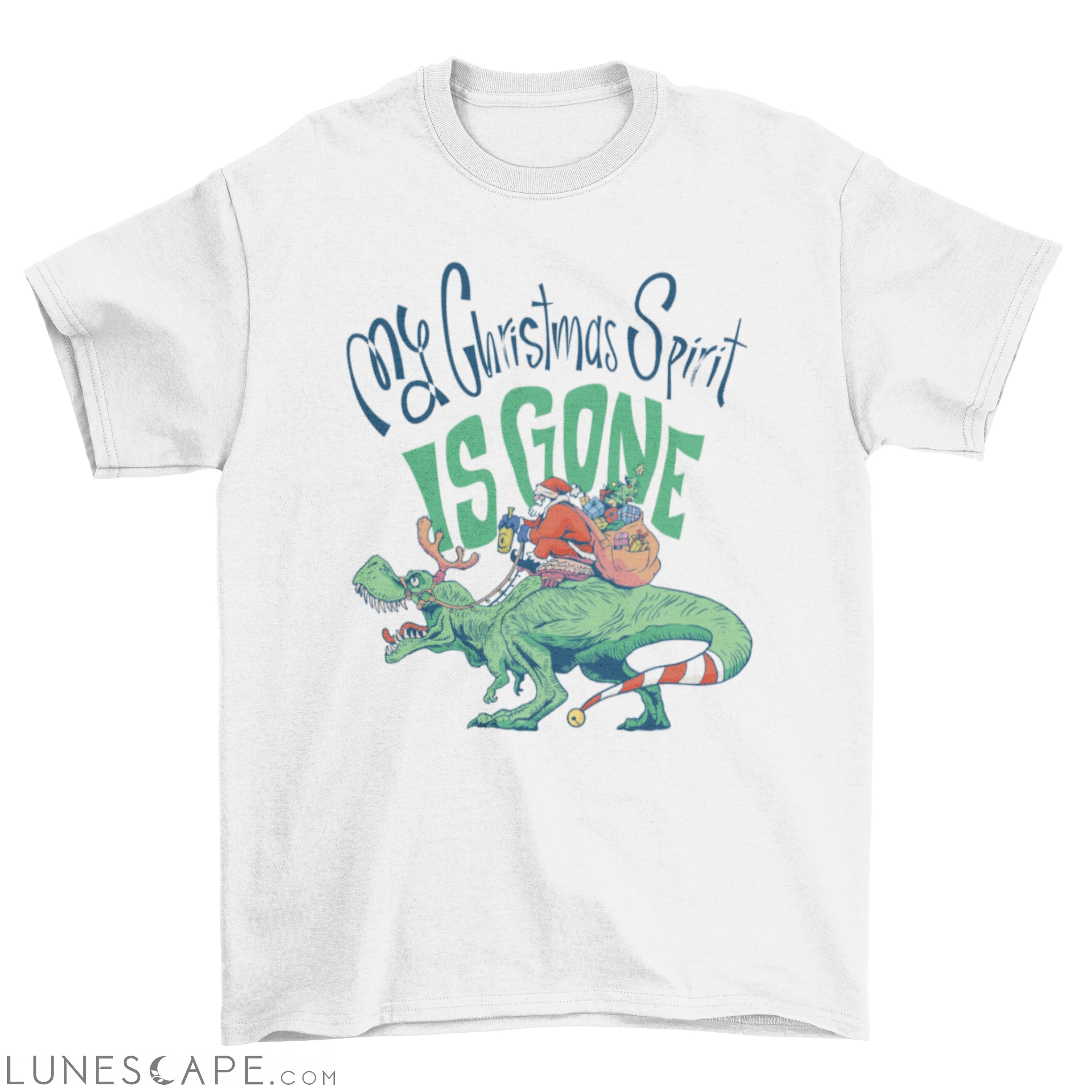 Cool Anti-holiday Anti-Christmas Santa Claus riding t-rex quote "My LUNESCAPE