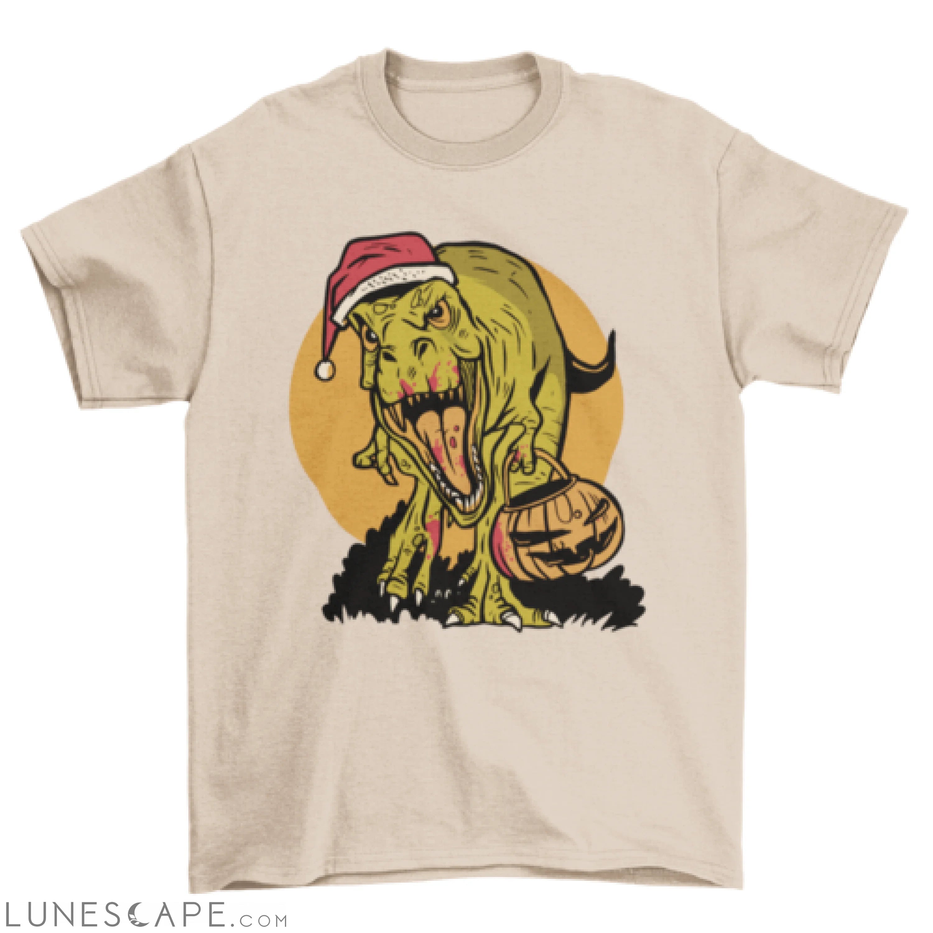 Cool Halloween Christmas T-rex dinosaur w/ pumpkin t-shirt LUNESCAPE