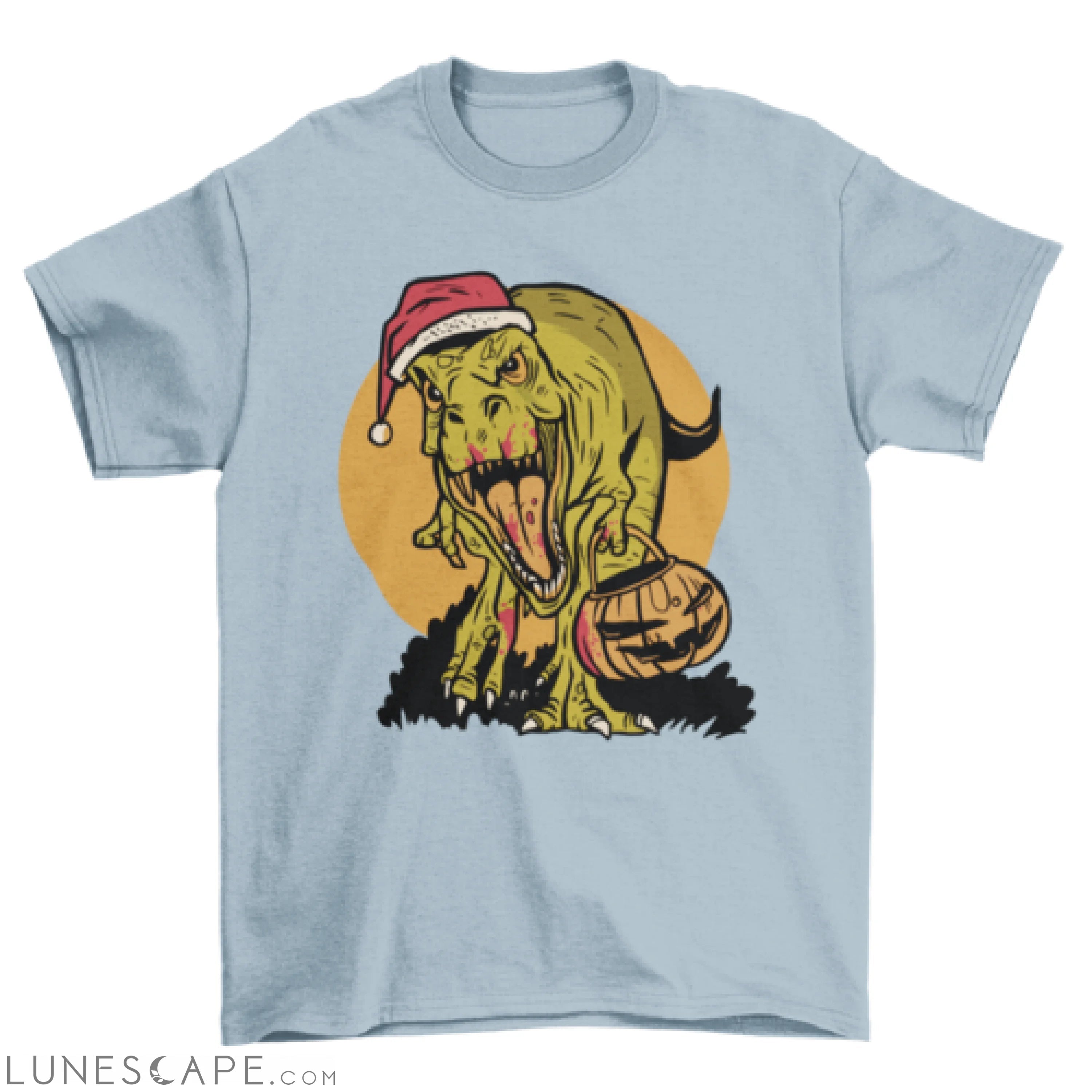 Cool Halloween Christmas T-rex dinosaur w/ pumpkin t-shirt LUNESCAPE