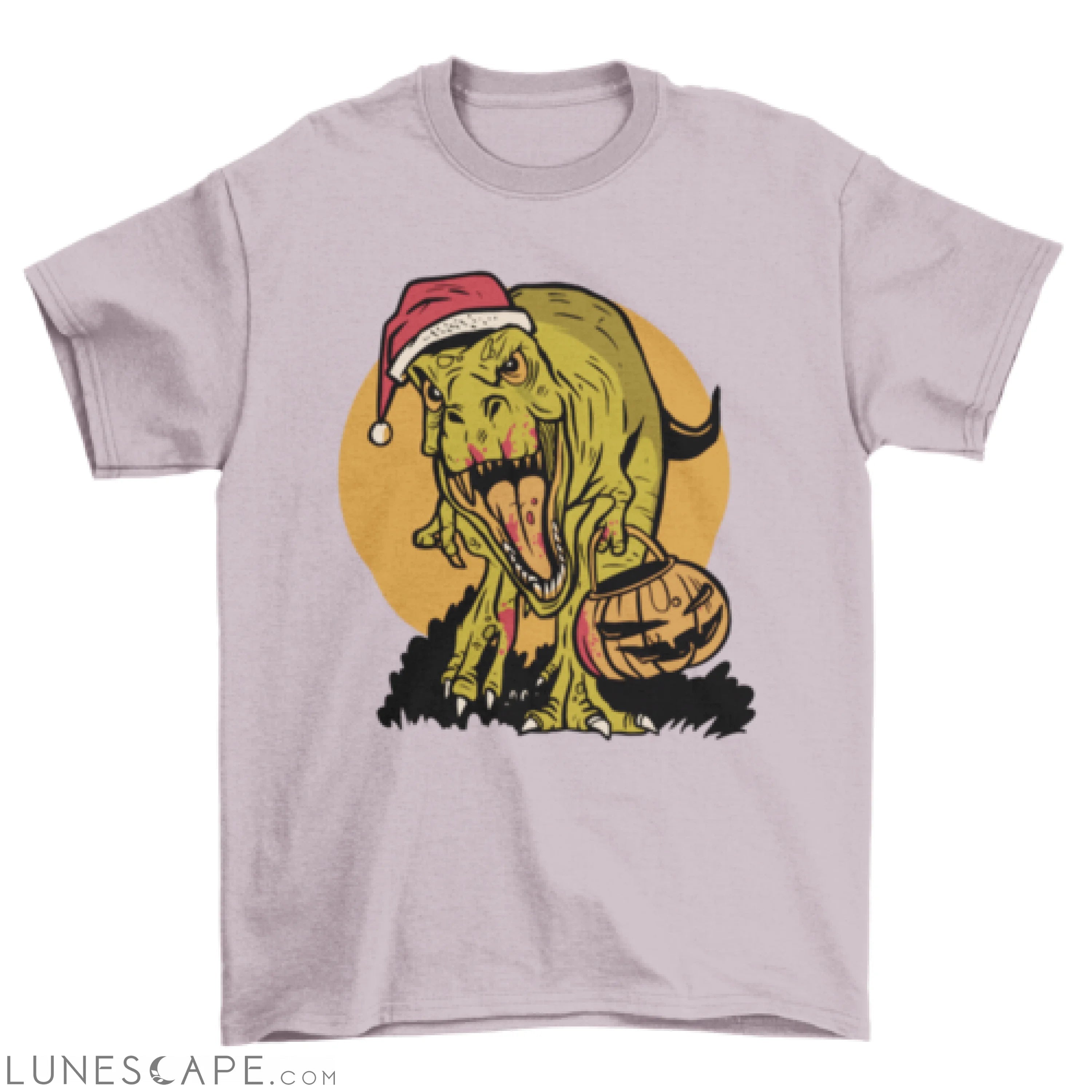 Cool Halloween Christmas T-rex dinosaur w/ pumpkin t-shirt LUNESCAPE