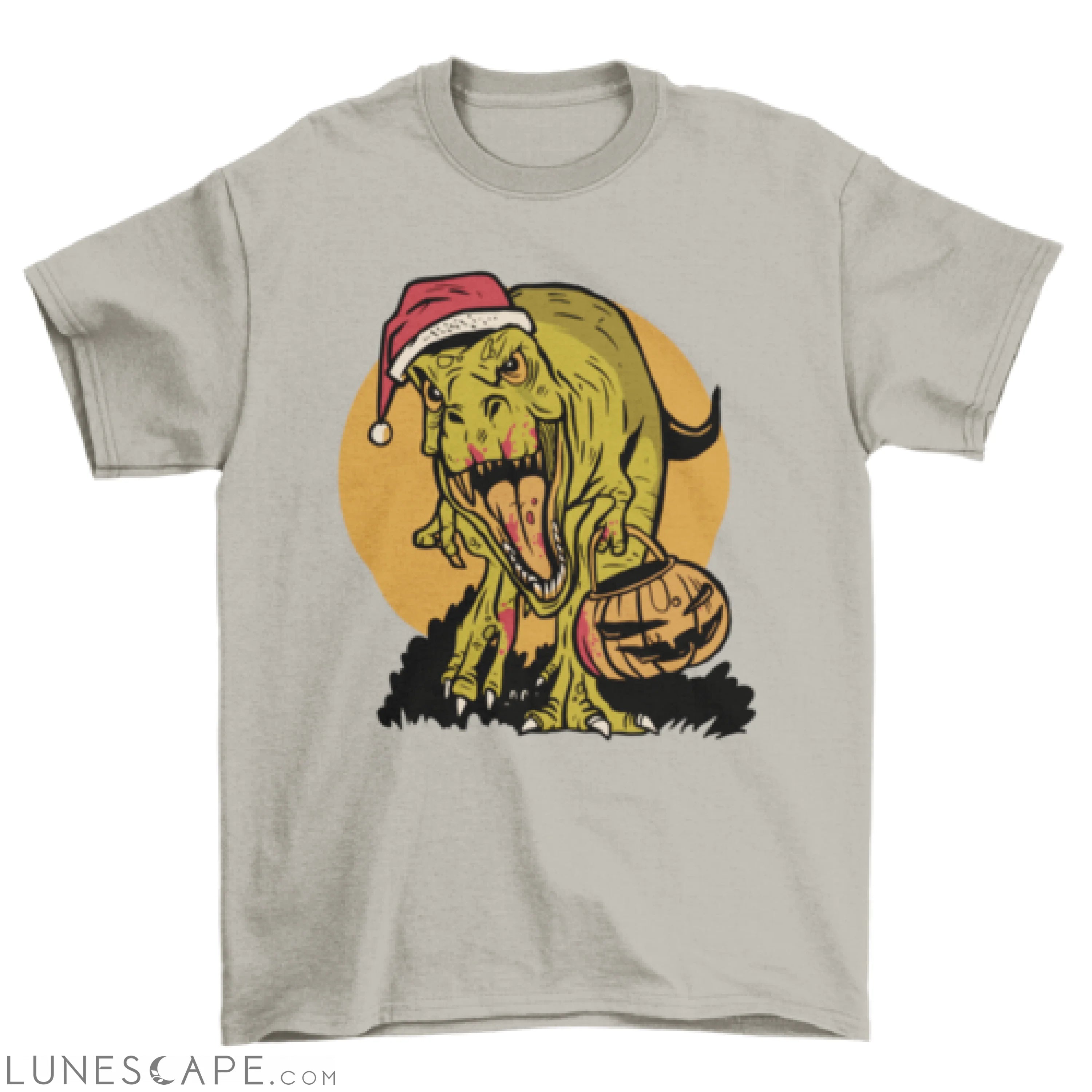 Cool Halloween Christmas T-rex dinosaur w/ pumpkin t-shirt LUNESCAPE