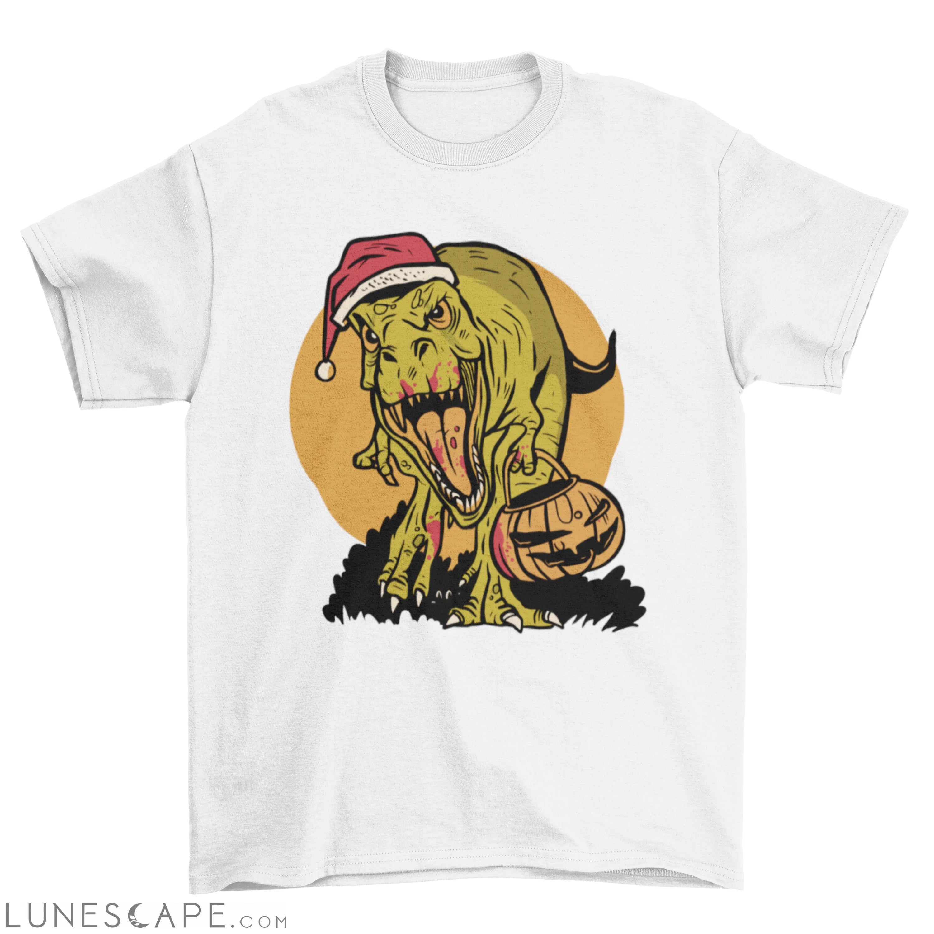 Cool Halloween Christmas T-rex dinosaur w/ pumpkin t-shirt LUNESCAPE