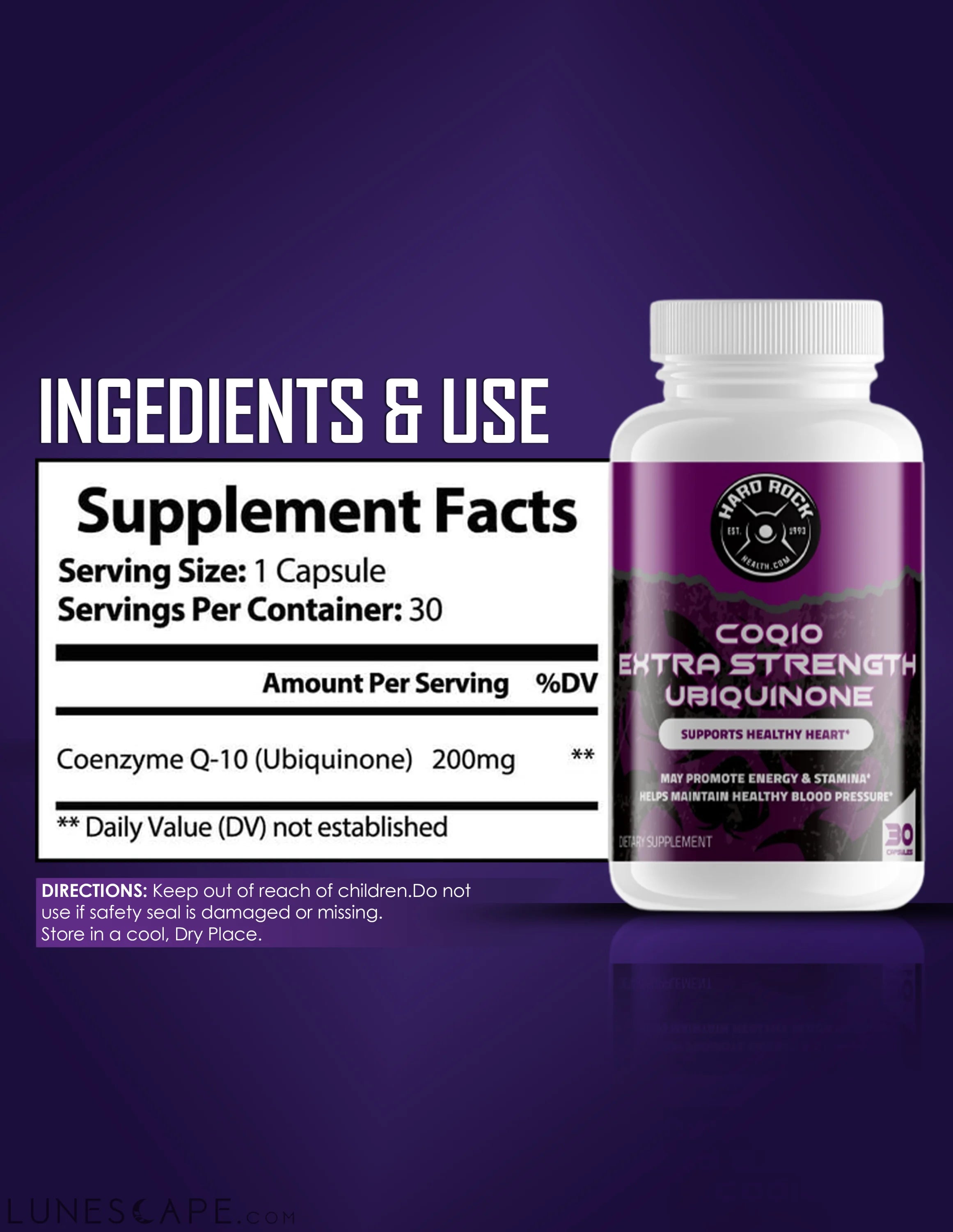 CoQ10 Ubiquinone- Extra Strength 30 Capsules LUNESCAPE