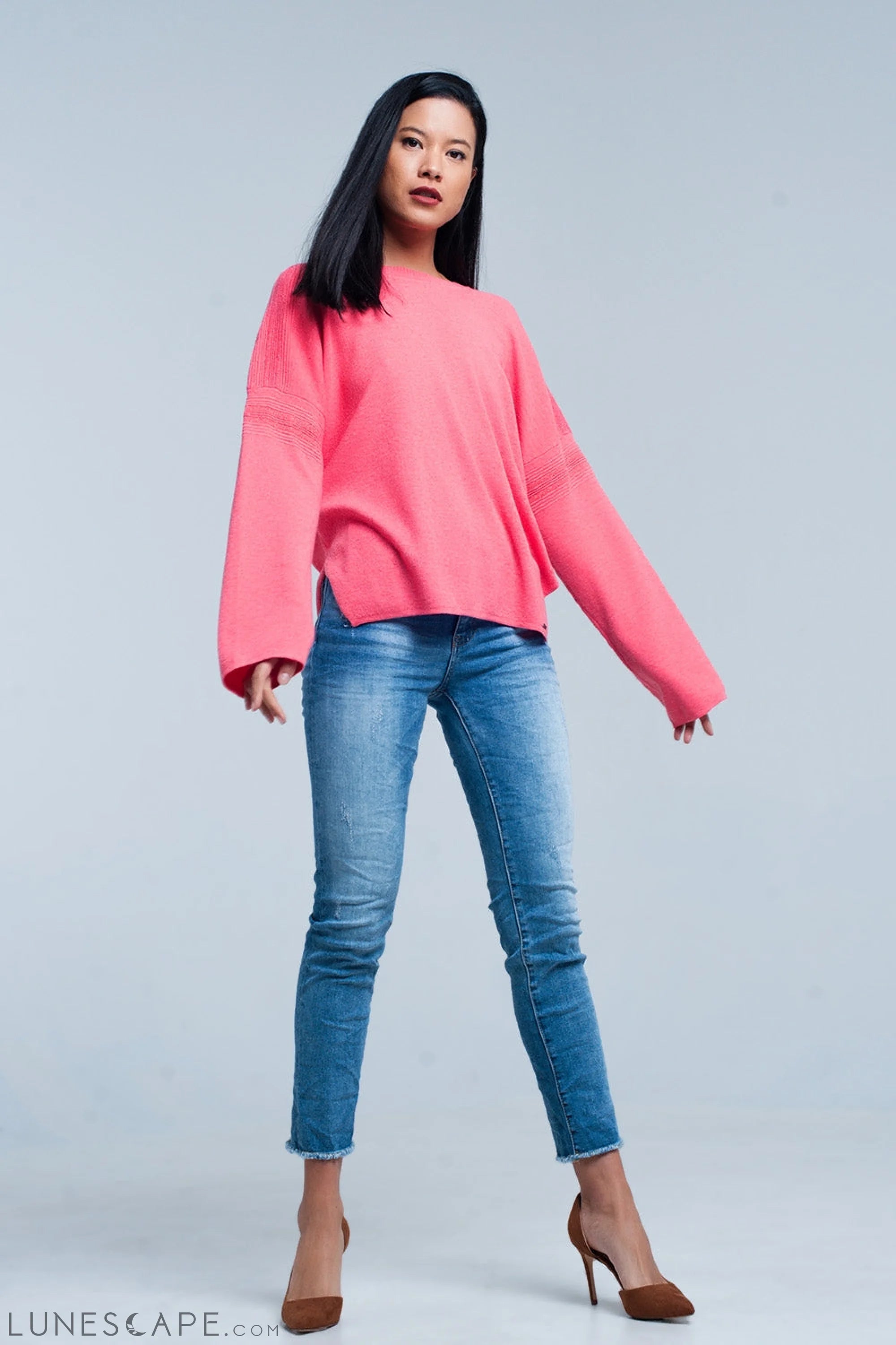 Coral Fine Knitted Sweater With Glitter Details LUNESCAPE