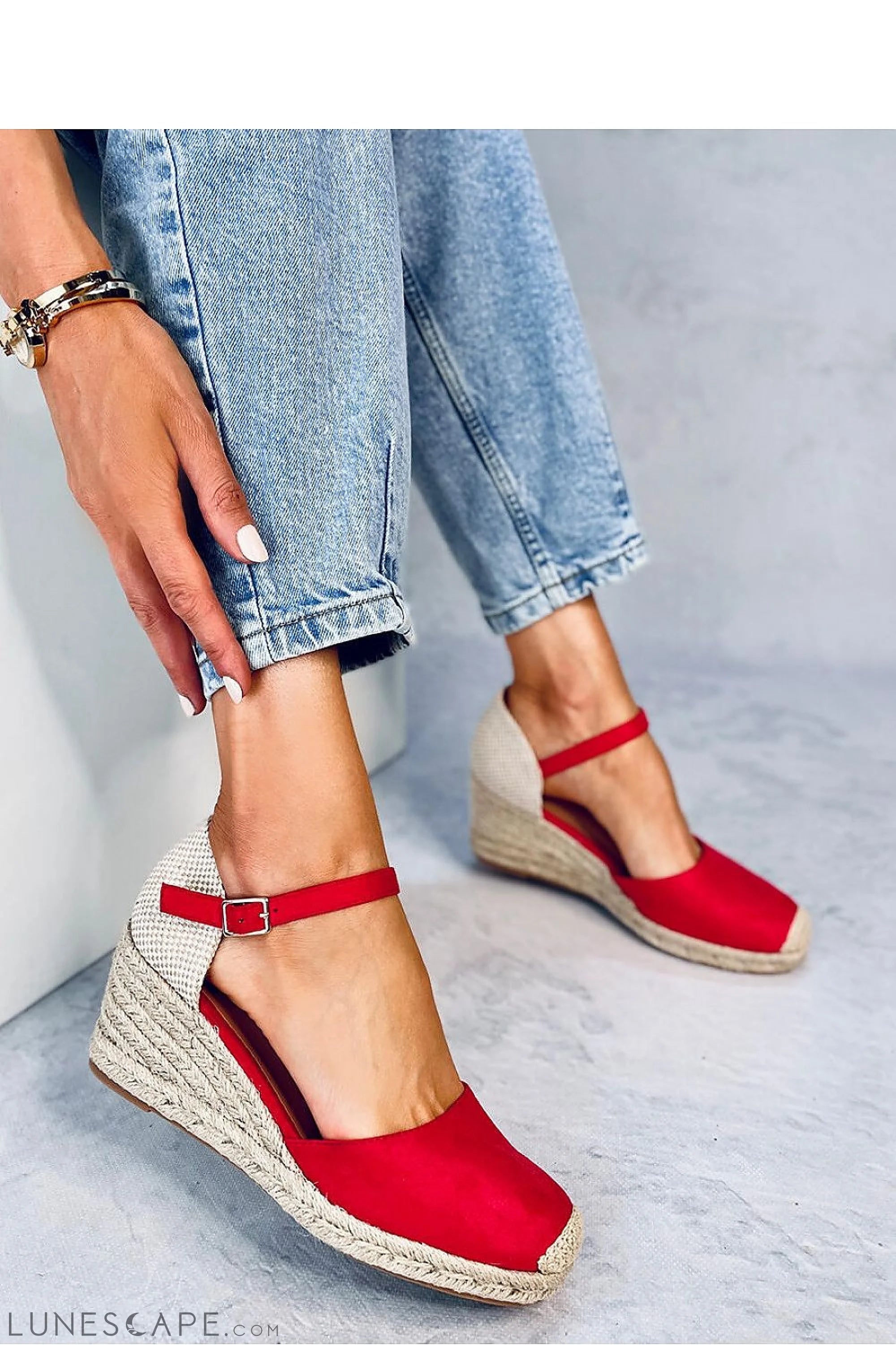 Coral Red Eco-Suede Espadrille Wedges with Ankle Strap LUNESCAPE