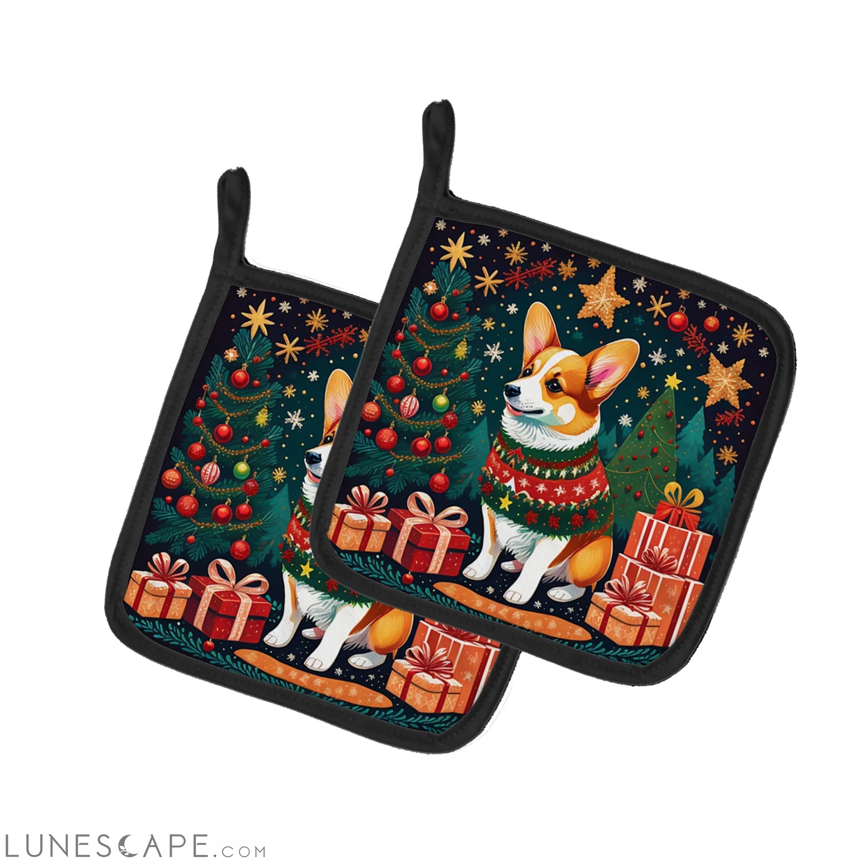 Corgi Christmas Pair of Pot Holders LUNESCAPE