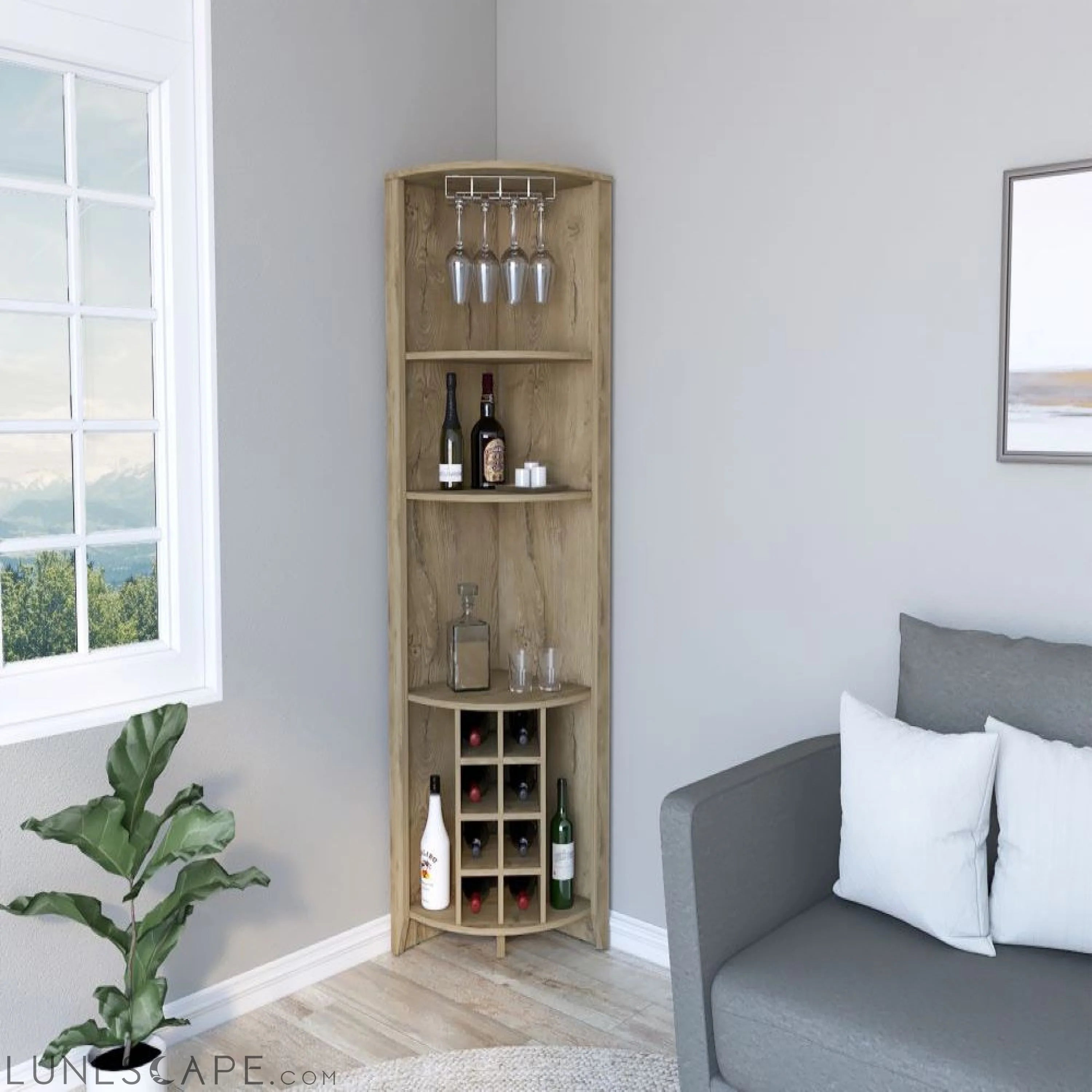 Corner Bar Cabinet  Castle, Three Shelves, Eight Wine Cubbies, Aged LUNESCAPE