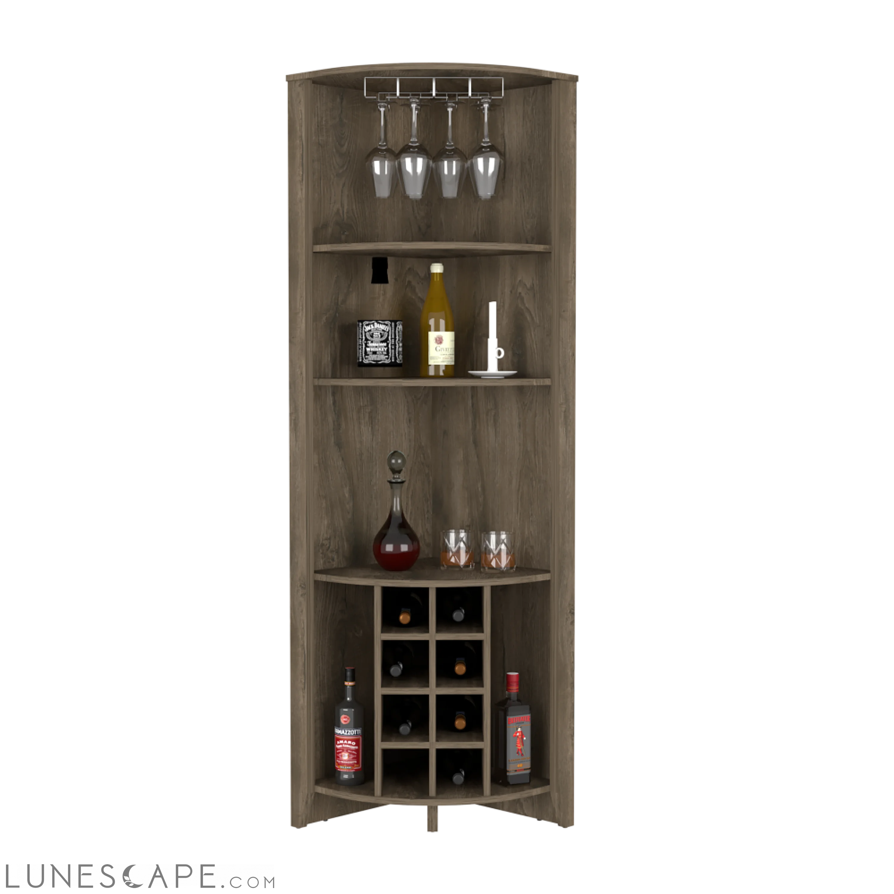 Corner Bar Cabinet  Castle, Three Shelves, Eight Wine Cubbies, Dark LUNESCAPE