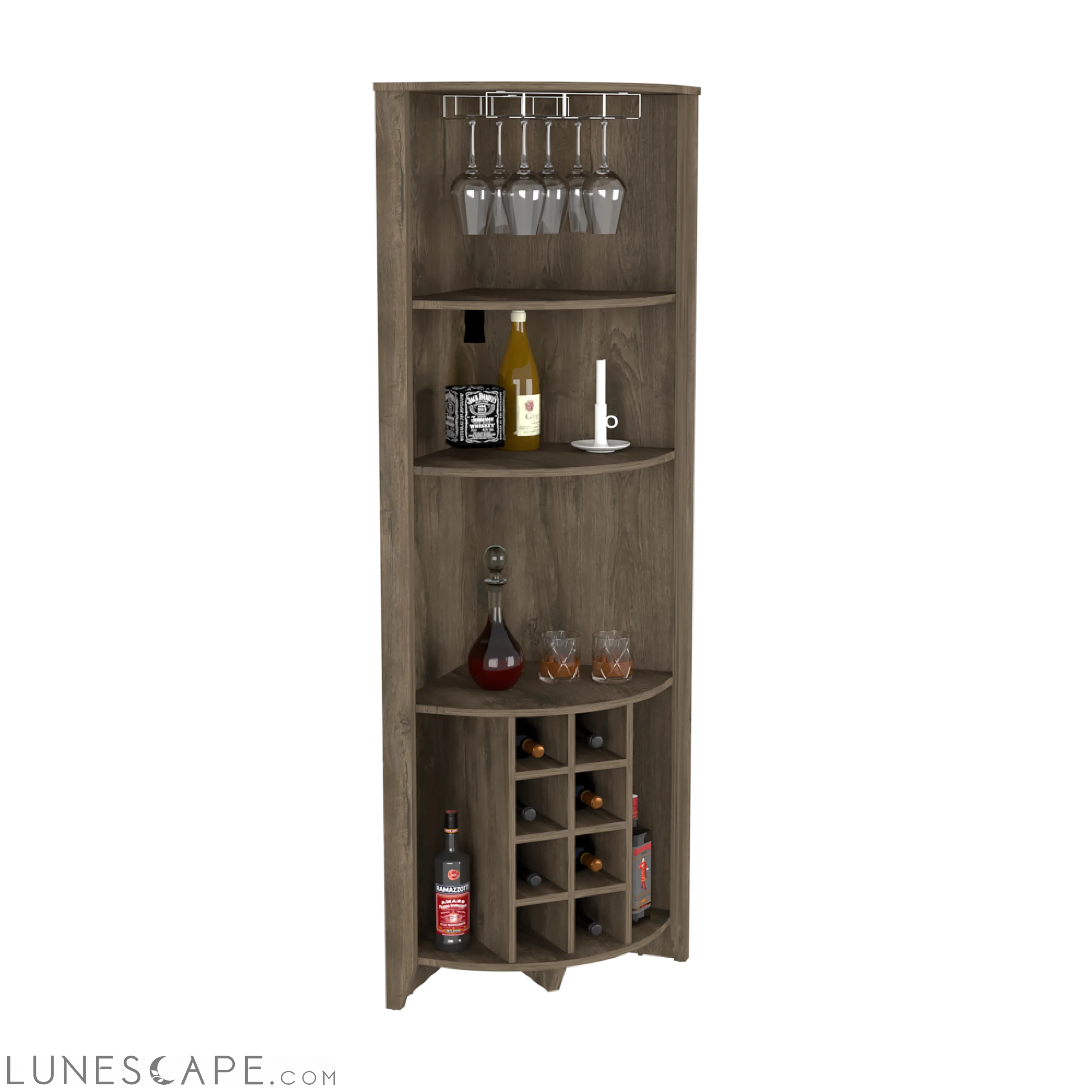 Corner Bar Cabinet  Castle, Three Shelves, Eight Wine Cubbies, Dark LUNESCAPE