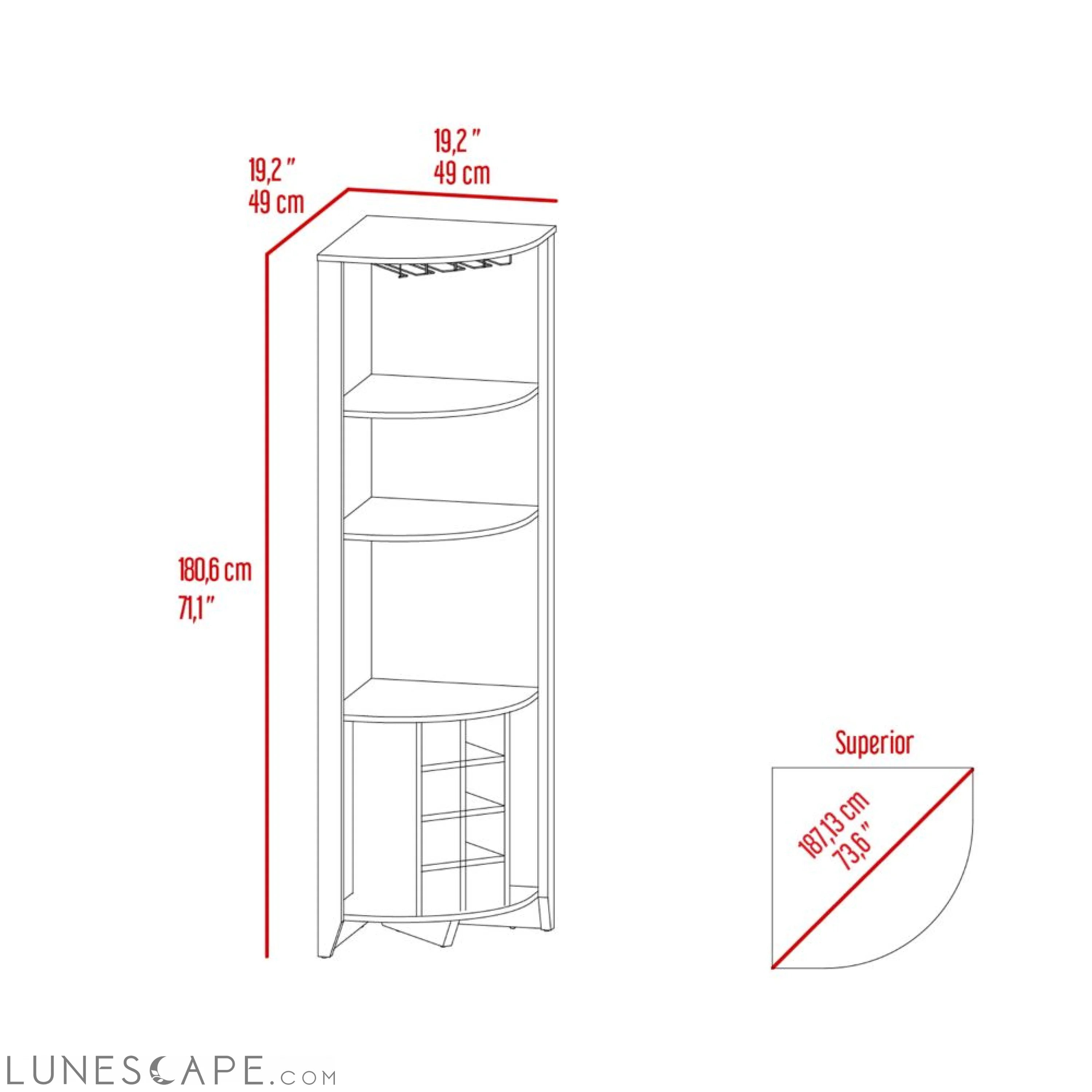 Corner Bar Cabinet  Castle, Three Shelves, Eight Wine Cubbies, Dark LUNESCAPE