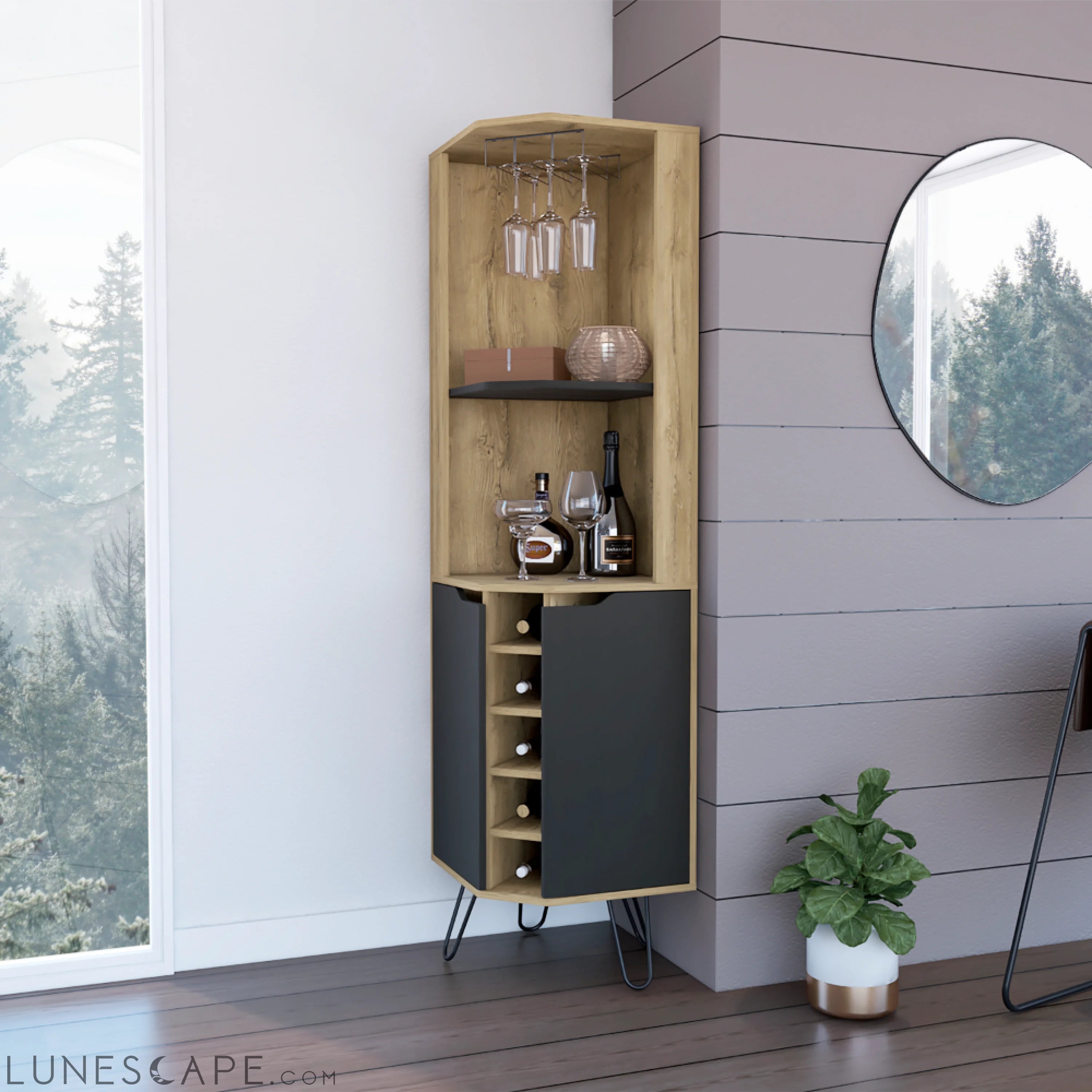Corner Bar Cabinet Leverkusen, Six Wine Cubbies, Aged Oak / Black LUNESCAPE