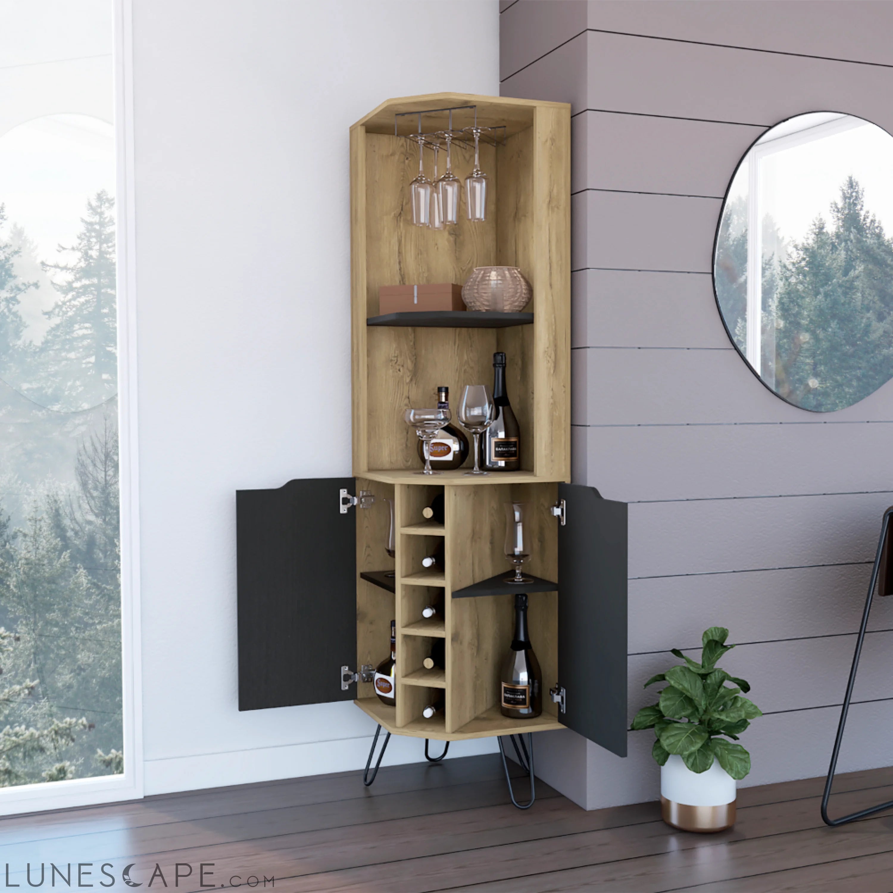Corner Bar Cabinet Leverkusen, Six Wine Cubbies, Aged Oak / Black LUNESCAPE