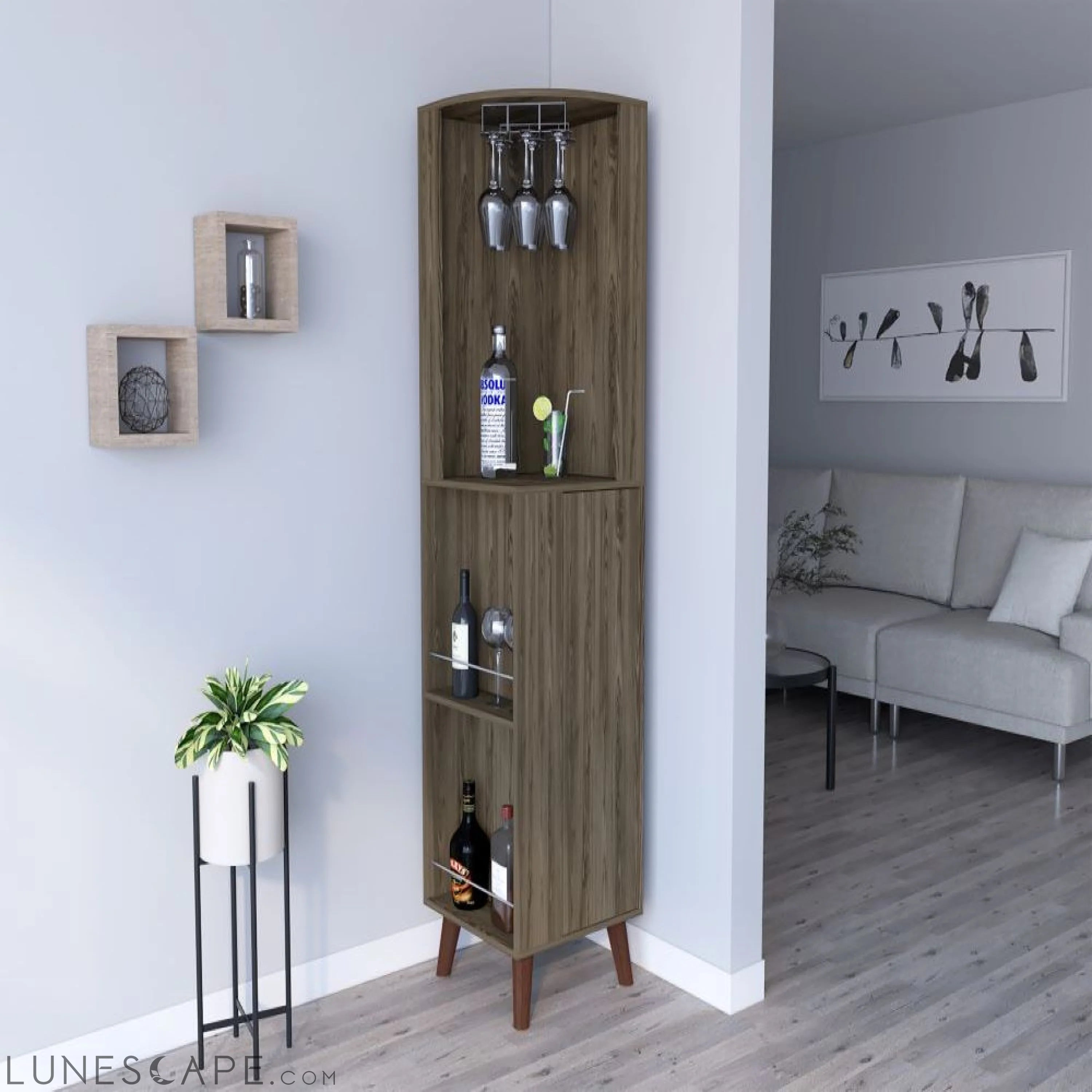 Corner Bar Cabinet Plex, Cup Rack, Two External Shelves, Dark Brown LUNESCAPE