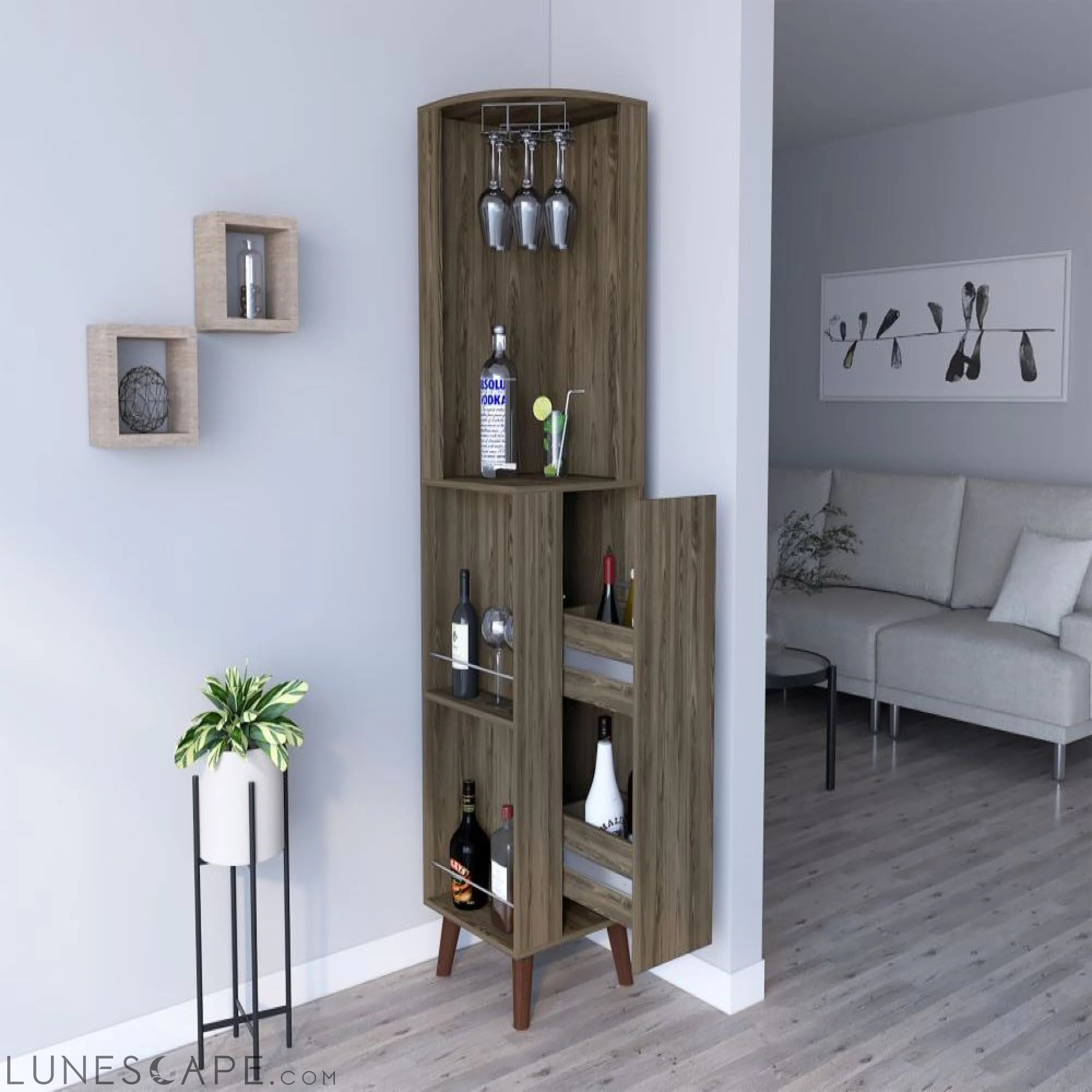 Corner Bar Cabinet Plex, Cup Rack, Two External Shelves, Dark Brown LUNESCAPE