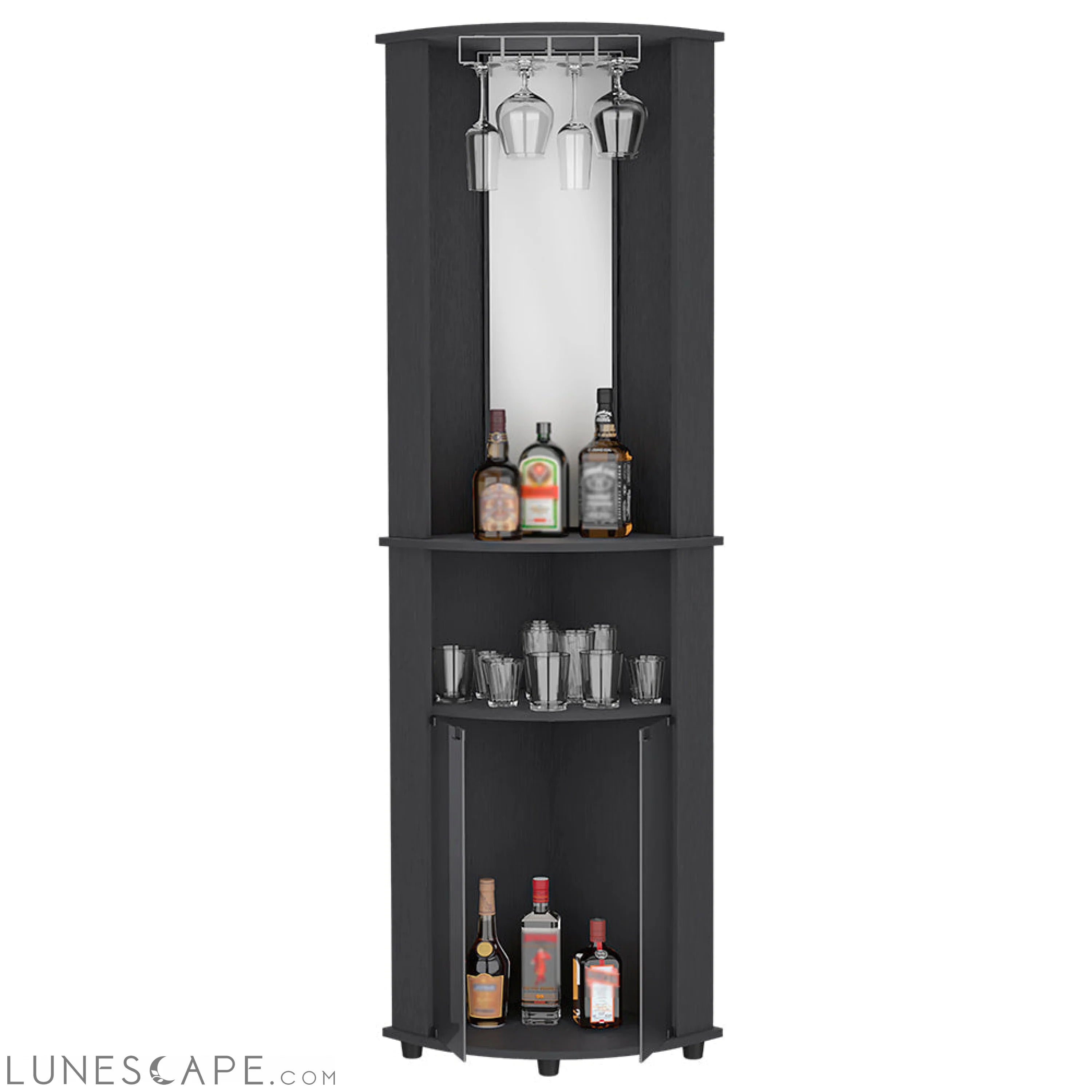 Corner Bar Cabinet Rialto, Three Shelves, Black Wengue Finish LUNESCAPE