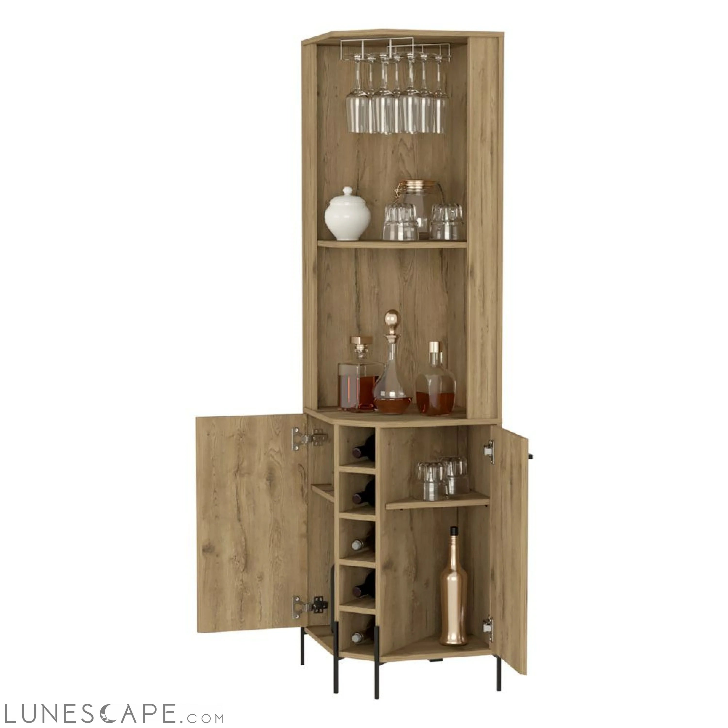 Corner Bar Cabinet Shopron, Two Shelves, Five Wine Cubbies, Aged Oak LUNESCAPE
