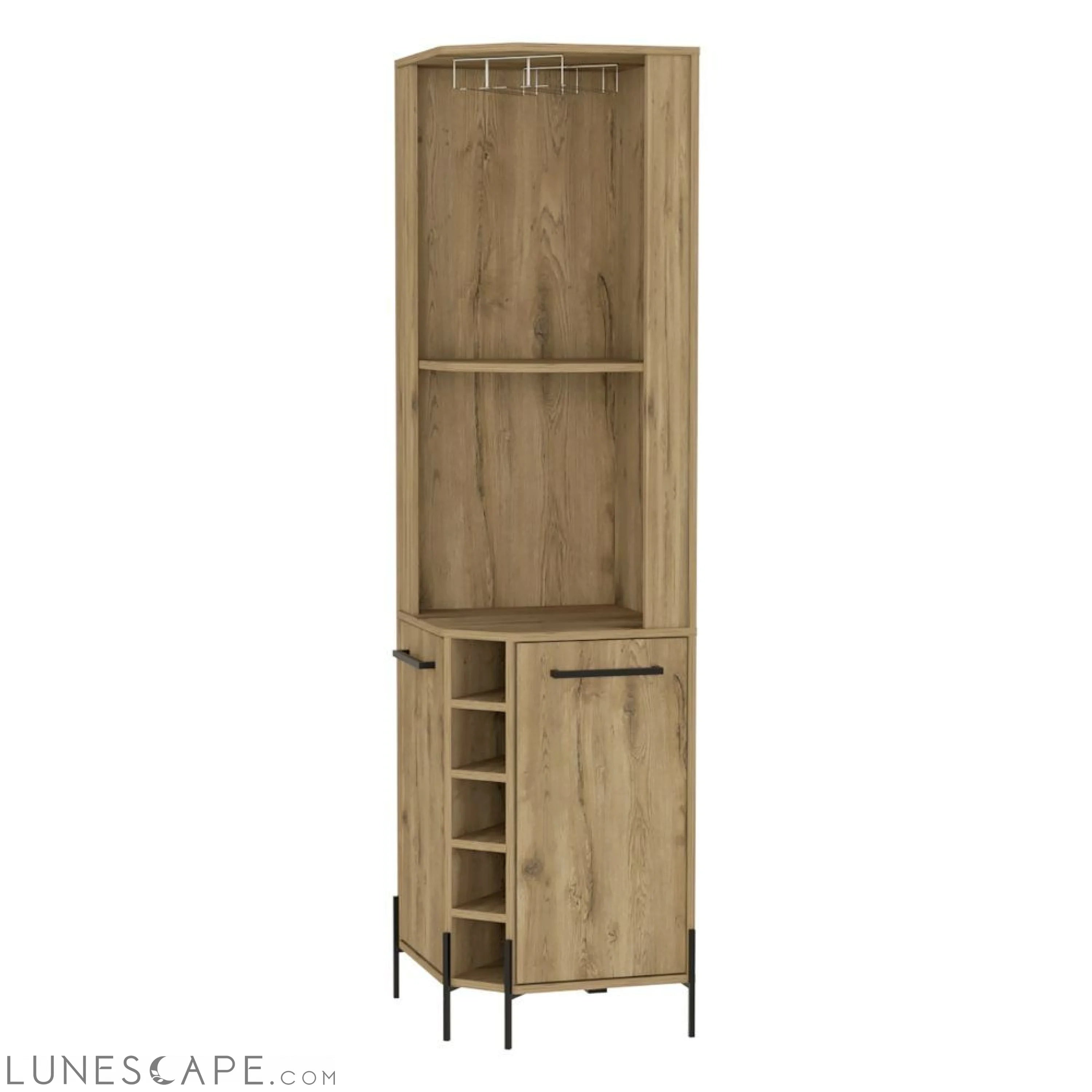 Corner Bar Cabinet Shopron, Two Shelves, Five Wine Cubbies, Aged Oak LUNESCAPE