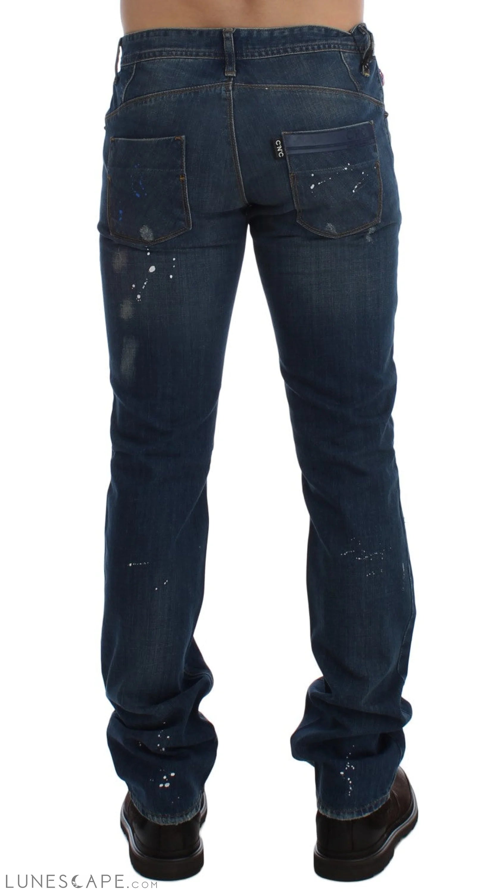 Costume National Chic Blue Wash Painted Slim Fit Jeans LUNESCAPE