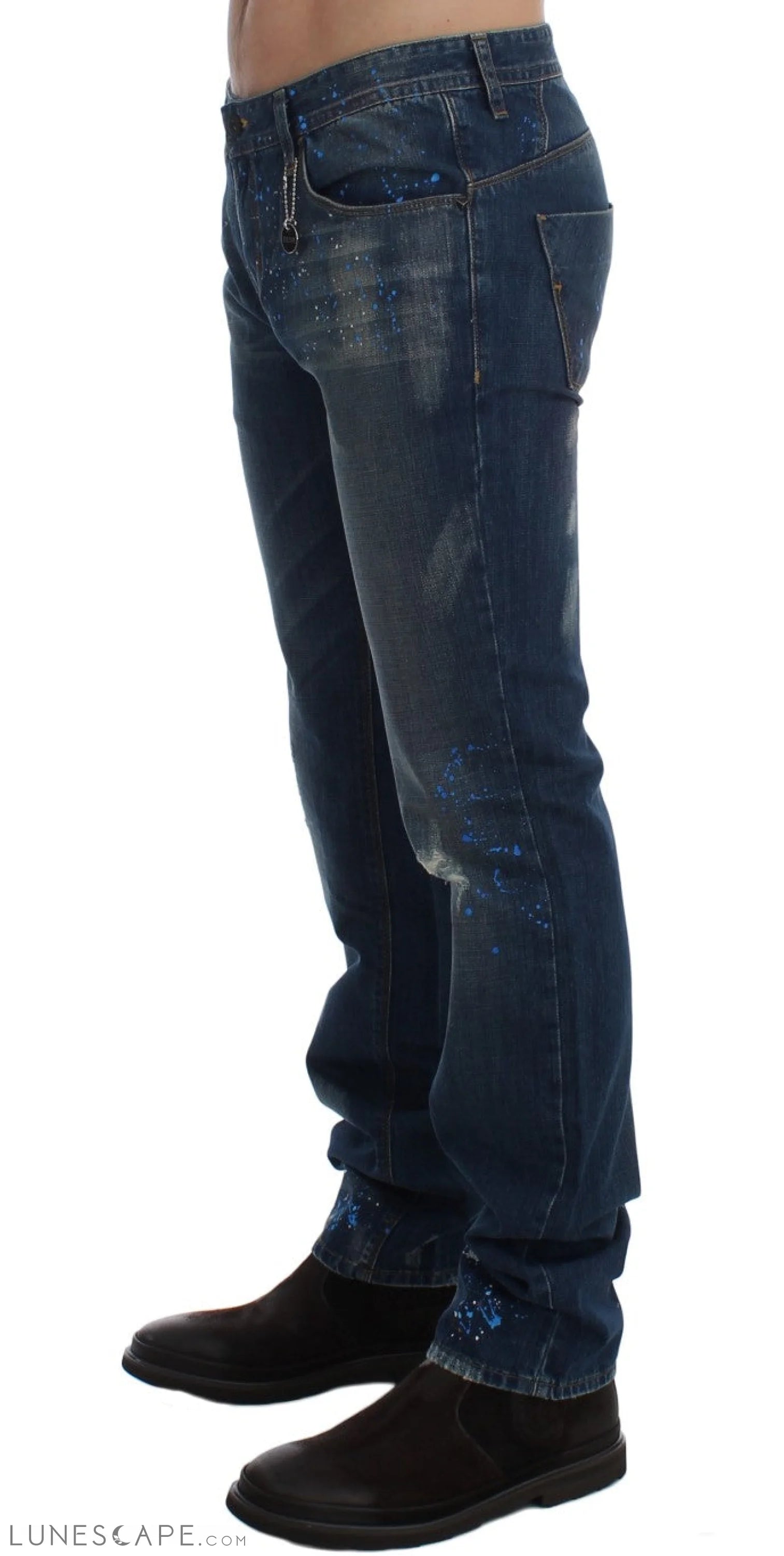 Costume National Chic Blue Wash Painted Slim Fit Jeans LUNESCAPE