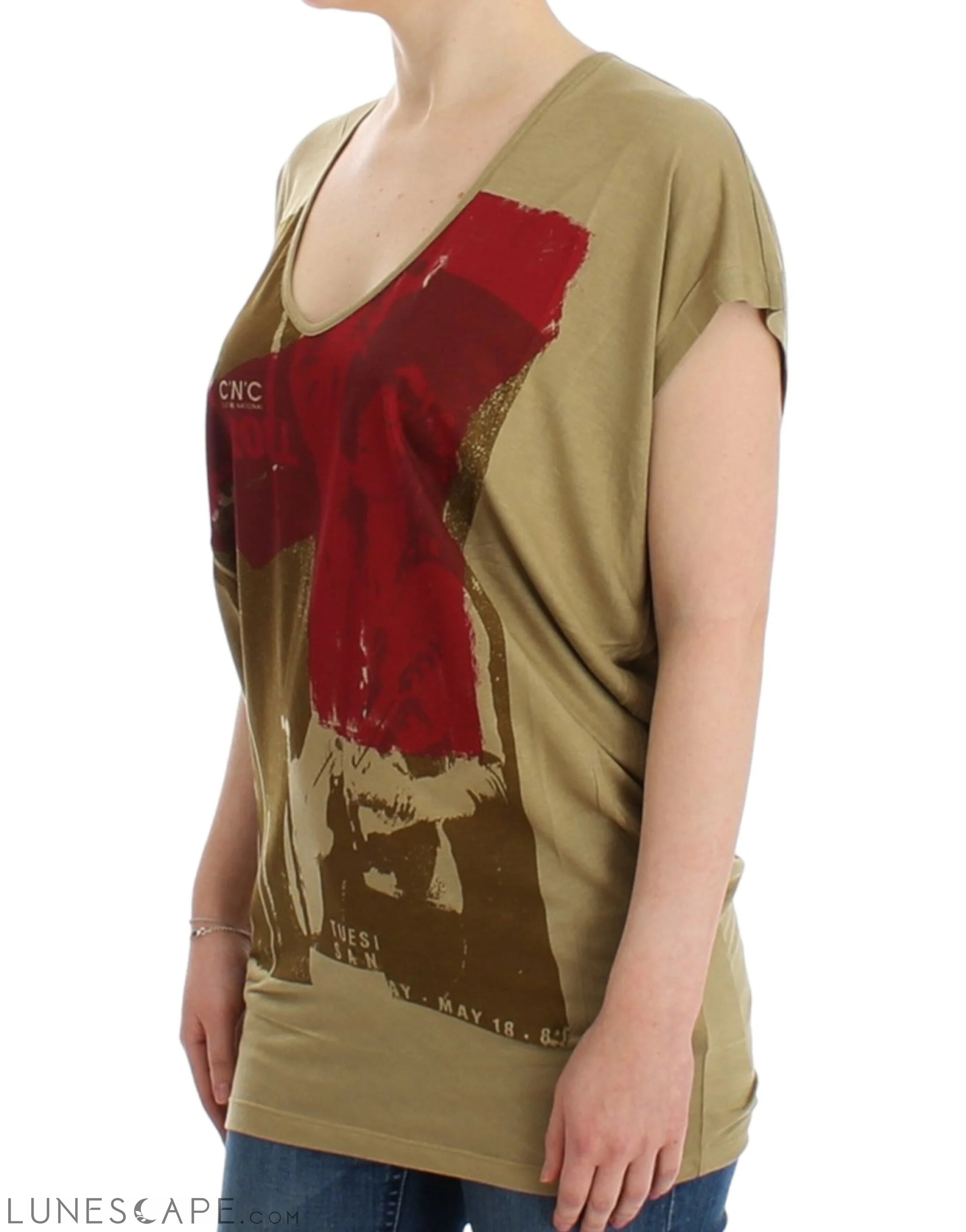 Costume National Chic Green Multicolor Print V-Neck Tee LUNESCAPE