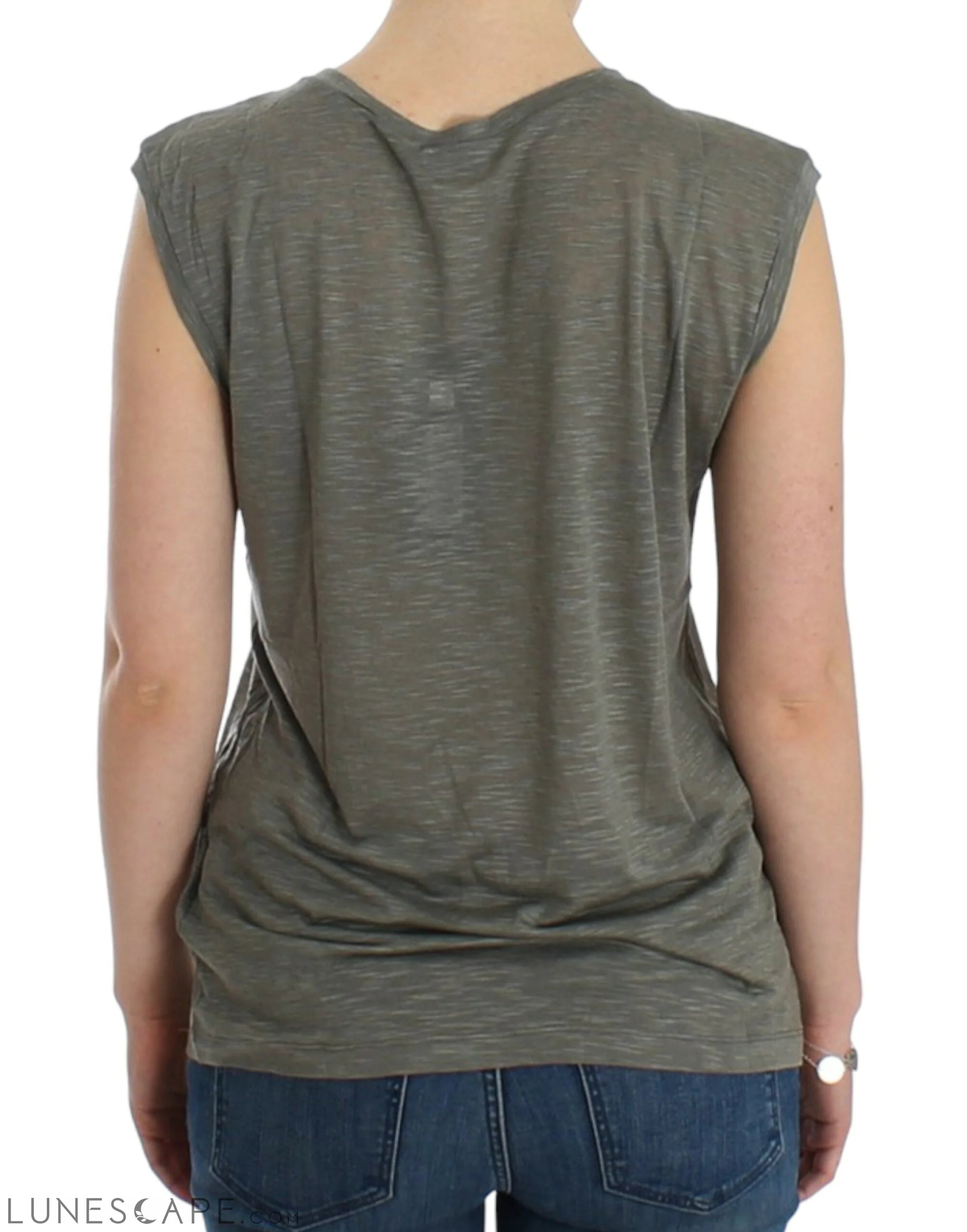 Costume National Chic Sleeveless Gray Top with Blue Detailing LUNESCAPE