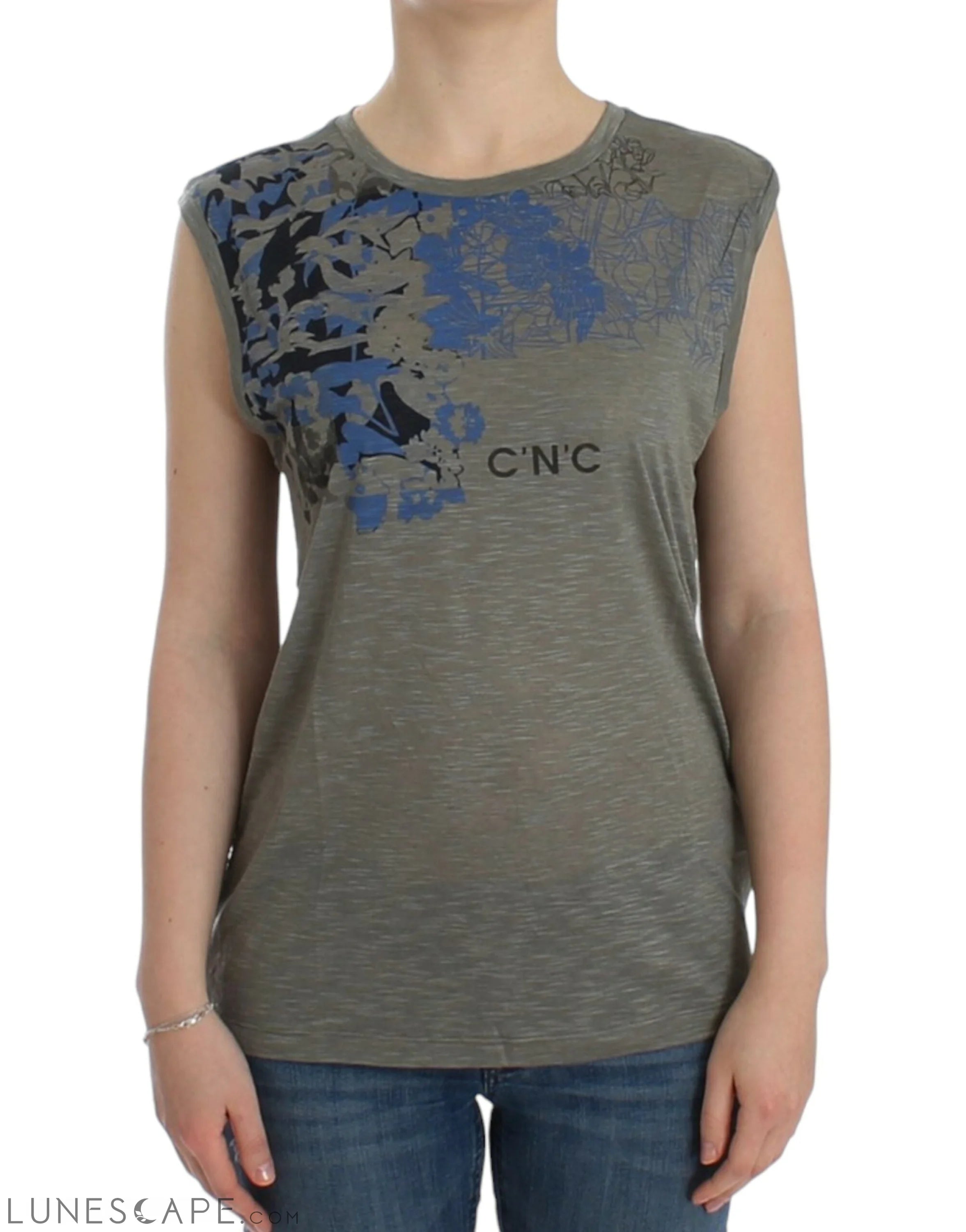 Costume National Chic Sleeveless Gray Top with Blue Detailing LUNESCAPE