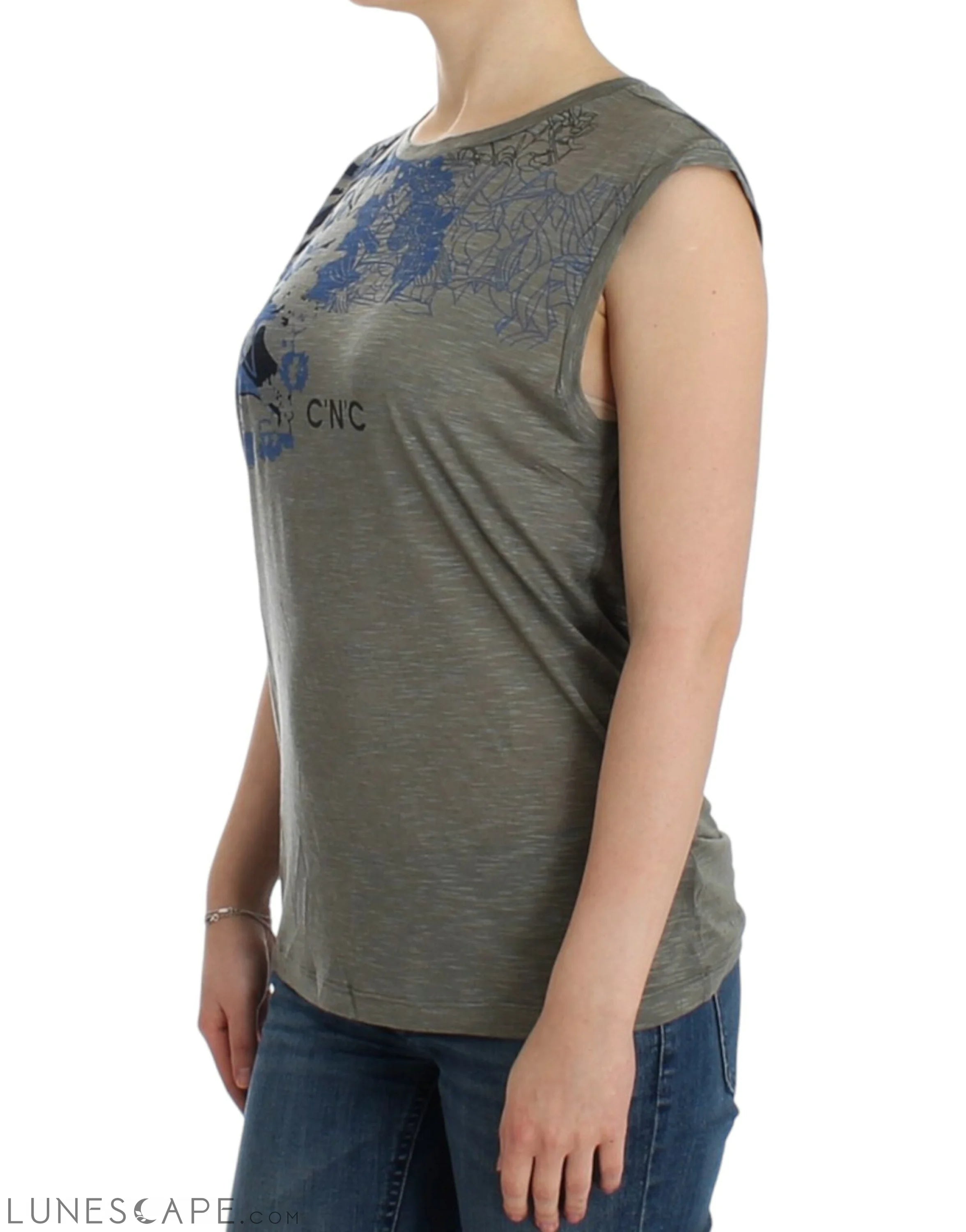 Costume National Chic Sleeveless Gray Top with Blue Detailing LUNESCAPE