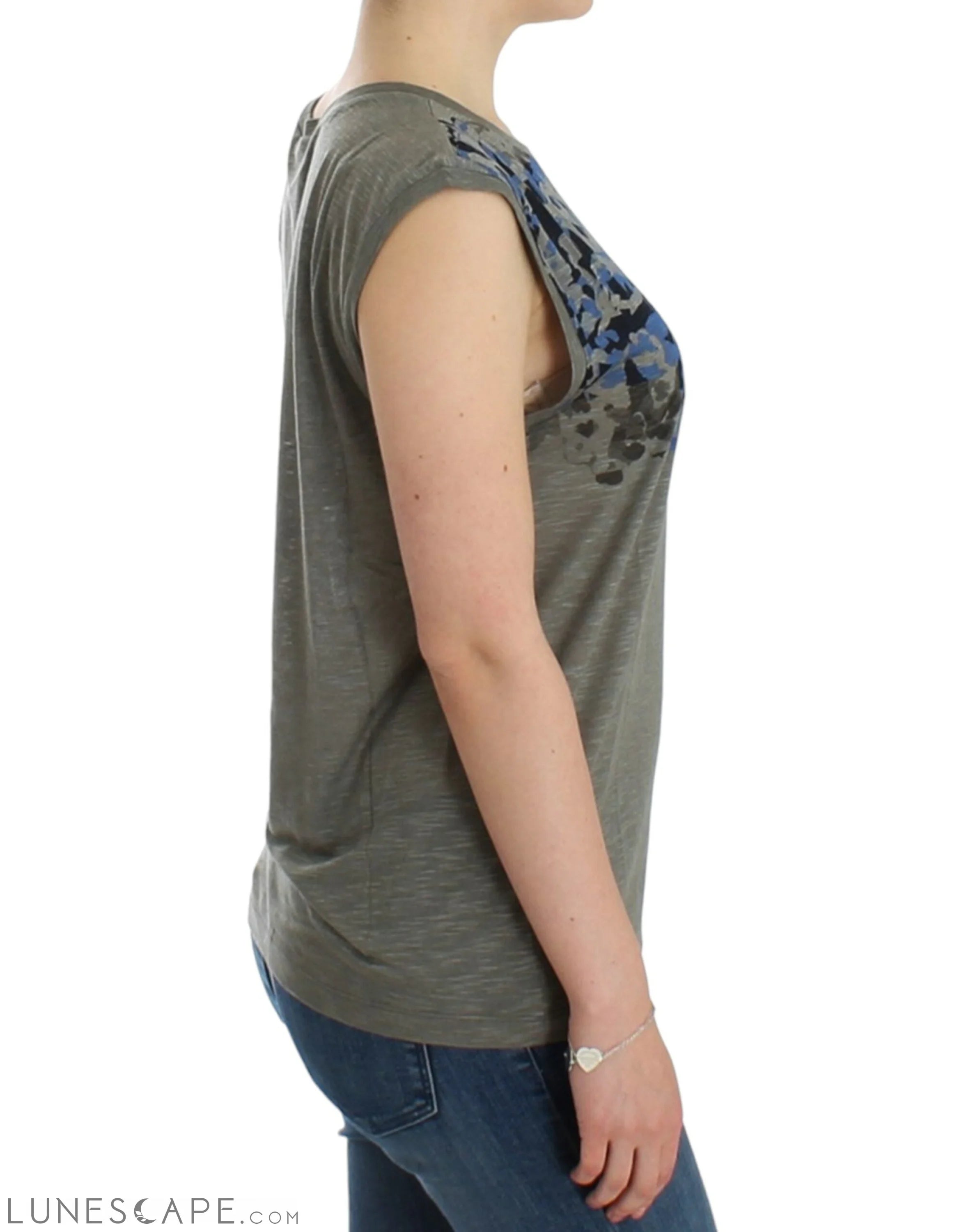 Costume National Chic Sleeveless Gray Top with Blue Detailing LUNESCAPE