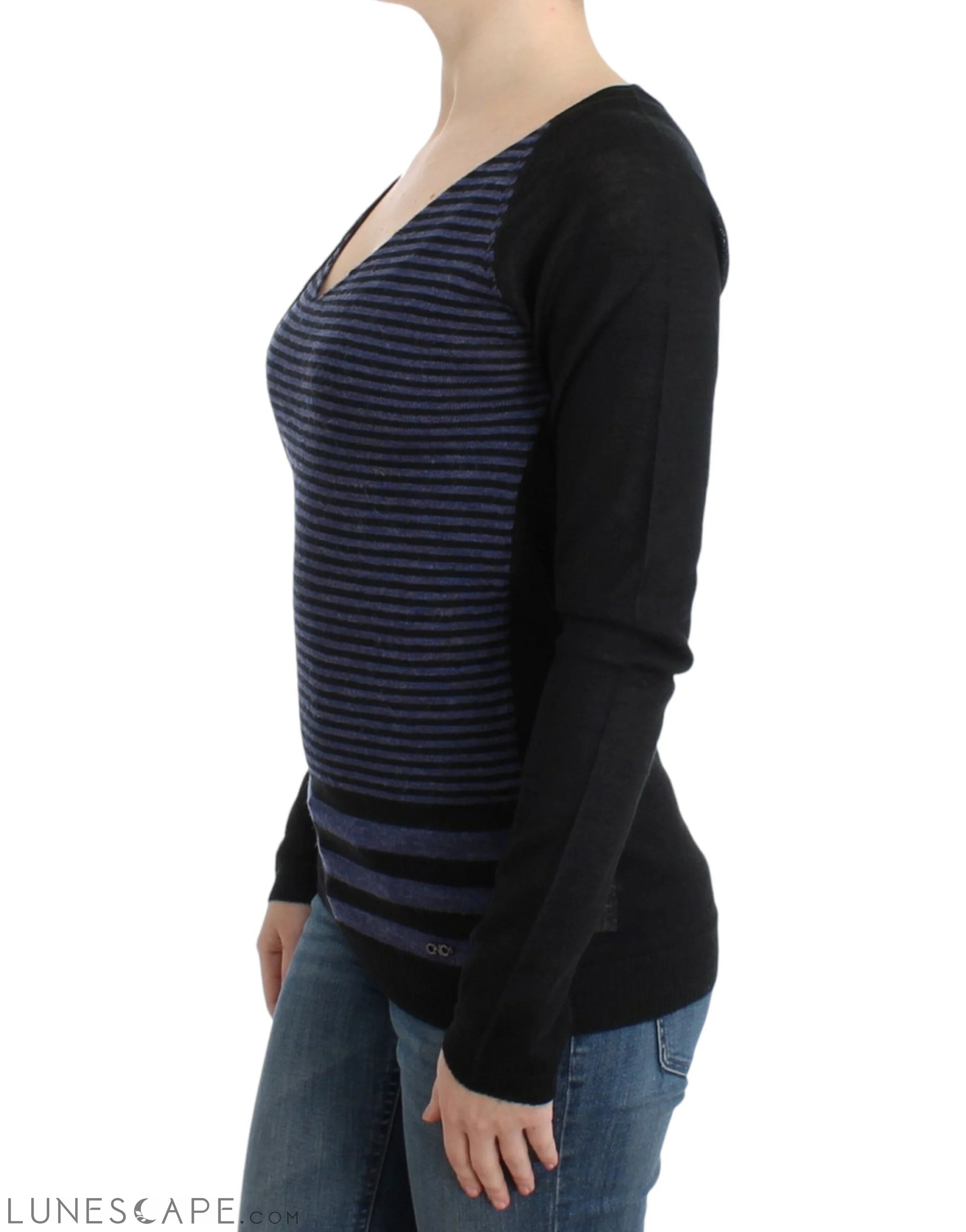 Costume National Chic Striped V-Neck Wool Blend Sweater LUNESCAPE