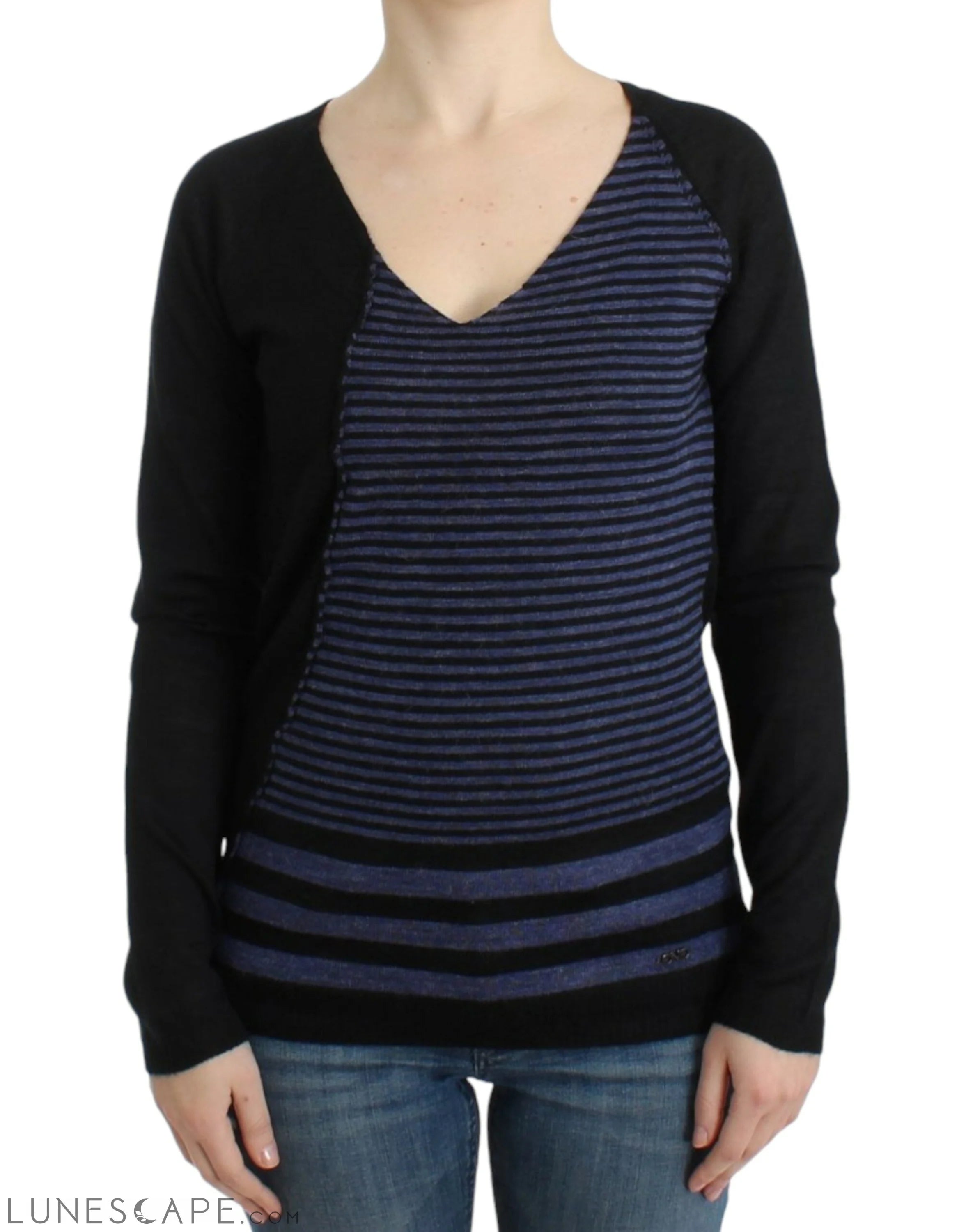 Costume National Chic Striped V-Neck Wool Blend Sweater LUNESCAPE