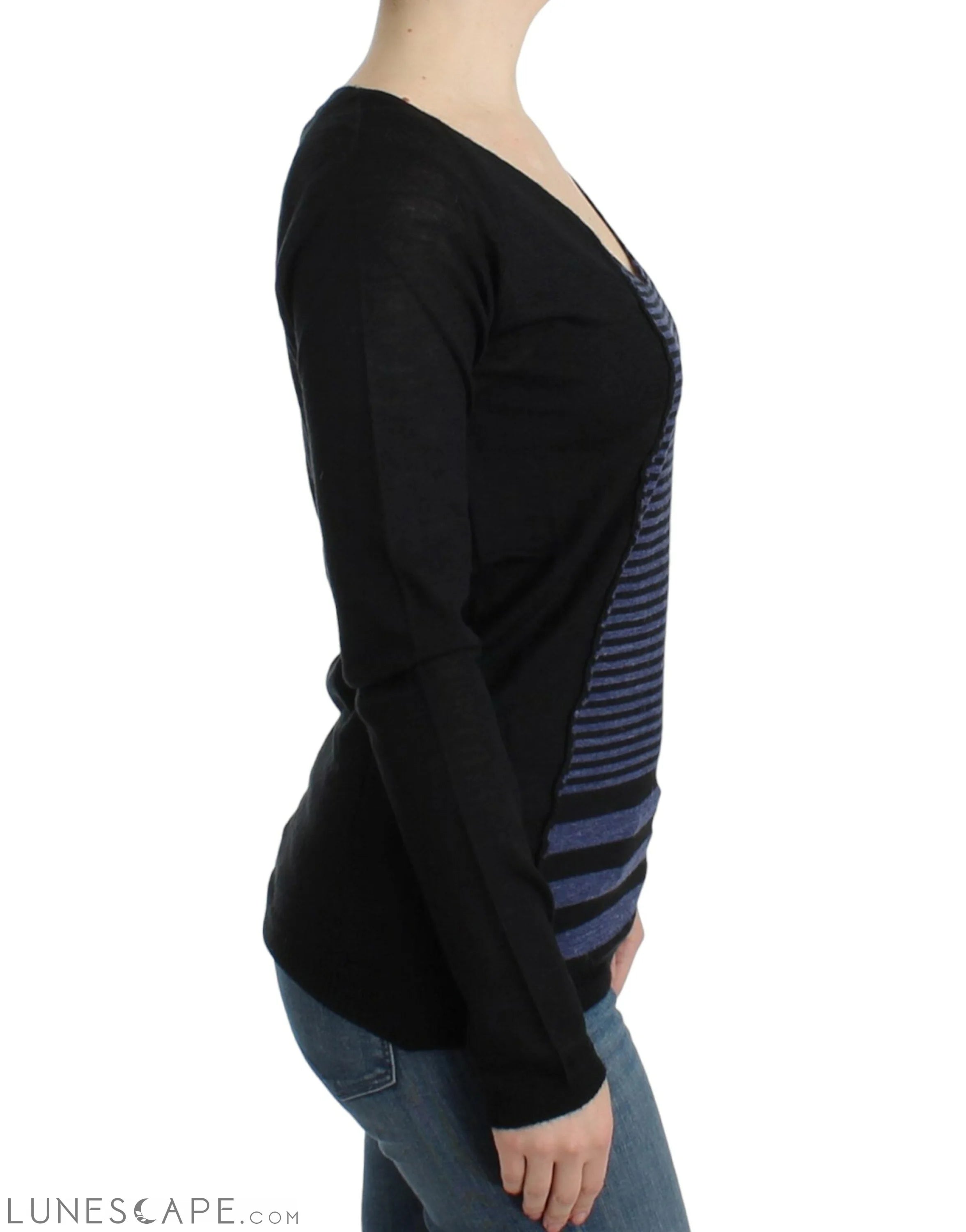 Costume National Chic Striped V-Neck Wool Blend Sweater LUNESCAPE